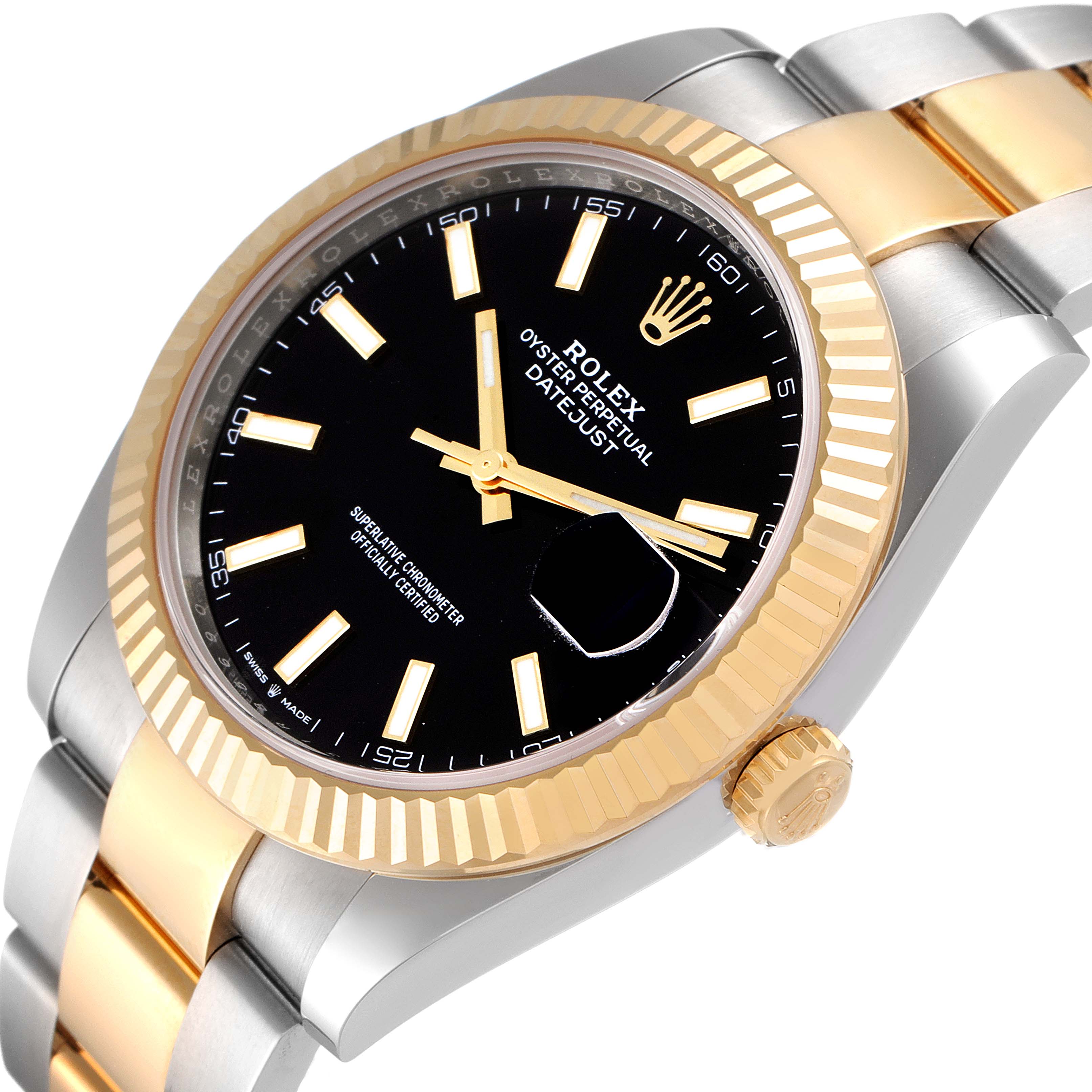 The image shows a Rolex Datejust 41 126333 Men's Steel and Gold (two tone) Black Dial 126333 Men's Steel and Gold (two tone) Black Dial model from an angled side view, highlighting the black dial, gold bezel, crown, and two-tone bracelet.
