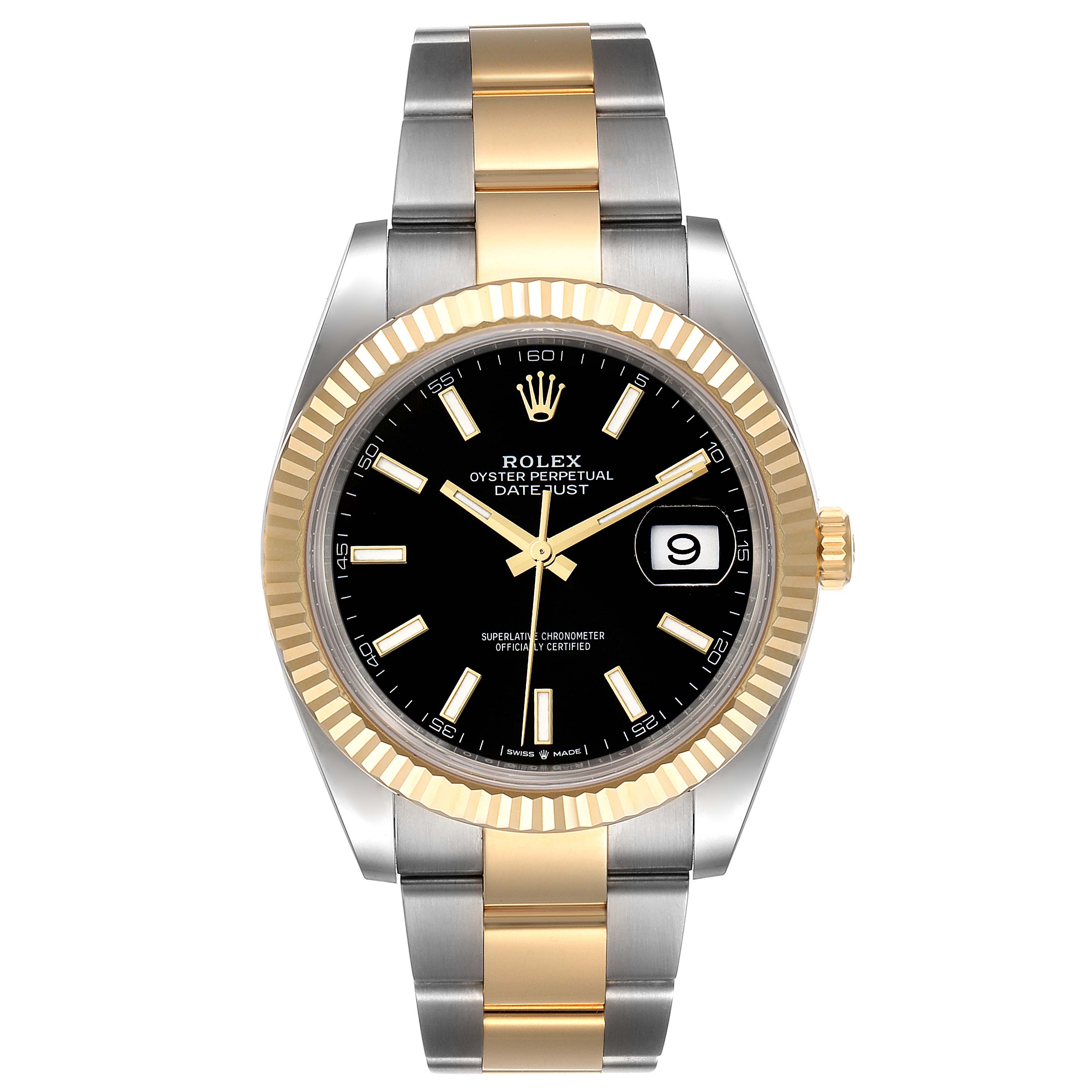 The image shows a front view of the Rolex Datejust 41 126333 Men's Steel and Gold (two tone) Black Dial 126333 Men's Steel and Gold (two tone) Black Dial model, focusing on its dial, bezel, and two-tone bracelet.