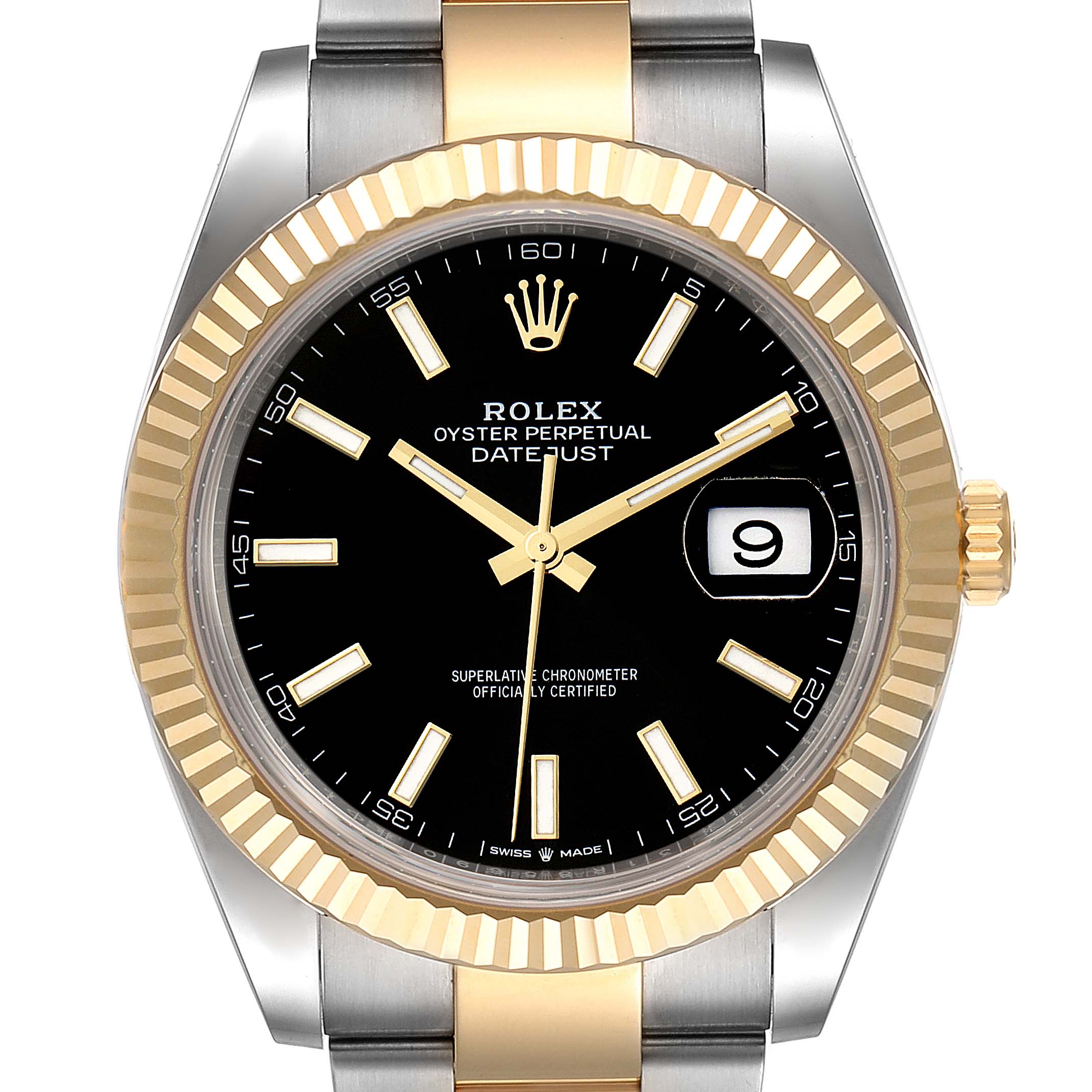 This image shows a frontal view of the Rolex Datejust 41 126333 Men's Steel and Gold (two tone) Black Dial 126333 Men's Steel and Gold (two tone) Black Dial watch, highlighting its black dial, date display, and two-tone bracelet.