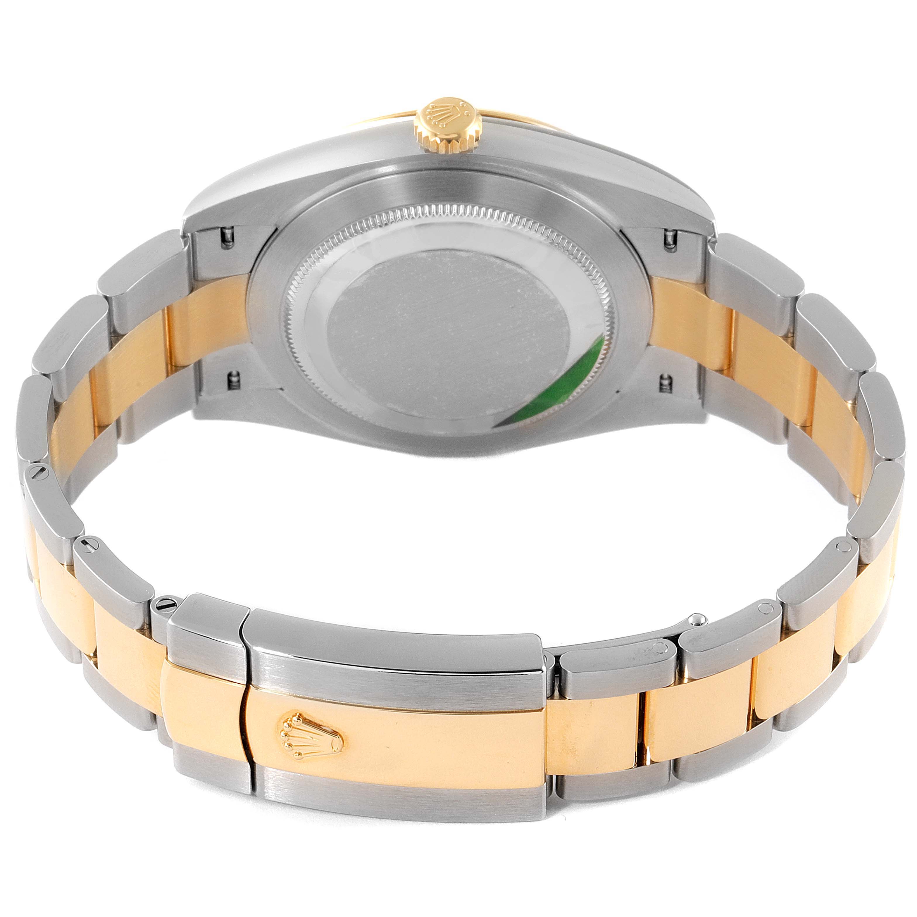 The image shows a rear view of a Rolex Datejust 41 126333 Men's Steel and Gold (two tone) Black Dial 126333 Men's Steel and Gold (two tone) Black Dial watch, highlighting the case back, crown, and bi-color bracelet with the Rolex emblem on the clasp.