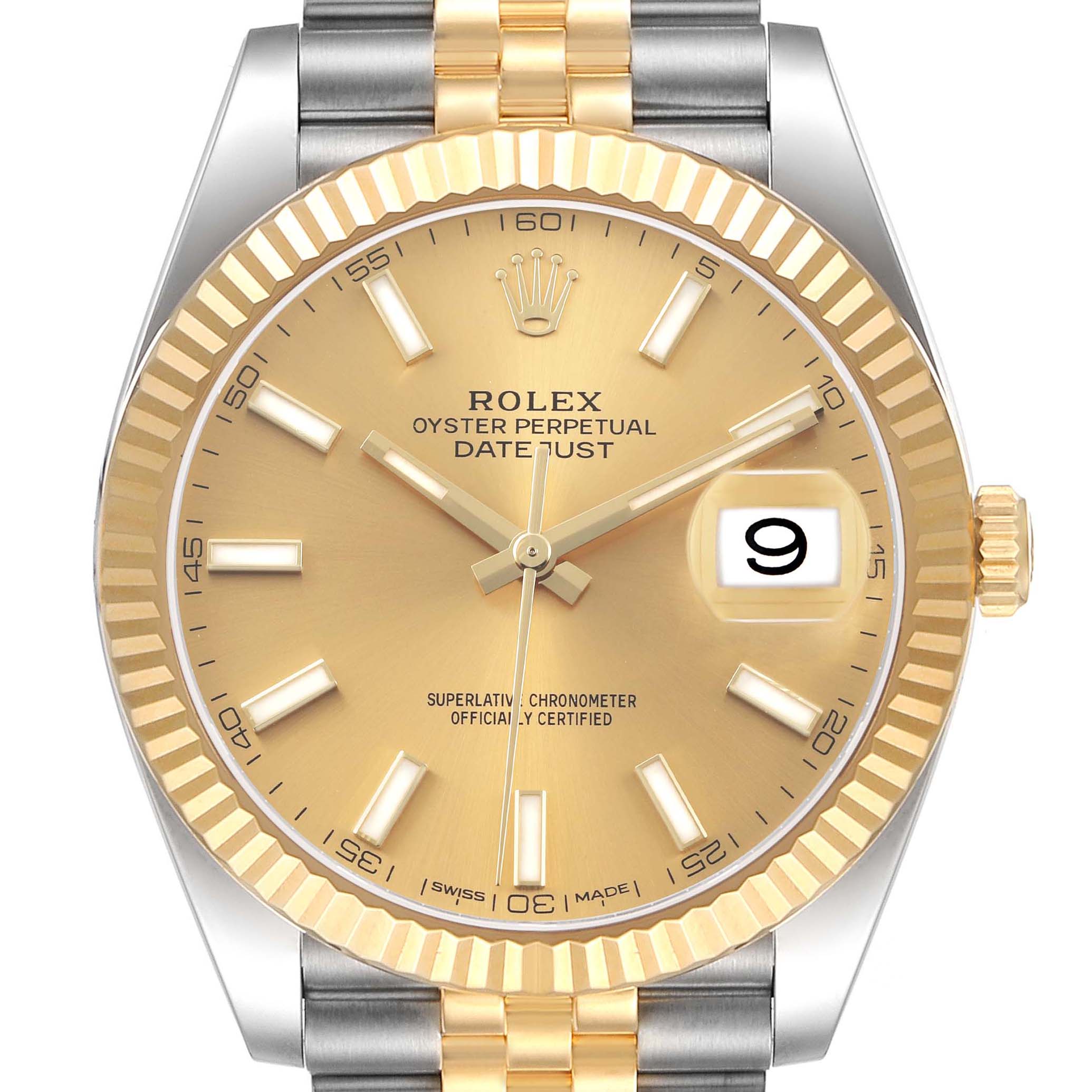 The Rolex Datejust 41 126333 Men's Steel and Gold (two tone) Champagne Dial watch is shown in a front-facing angle, highlighting the gold dial, fluted bezel, and two-tone Jubilee bracelet.