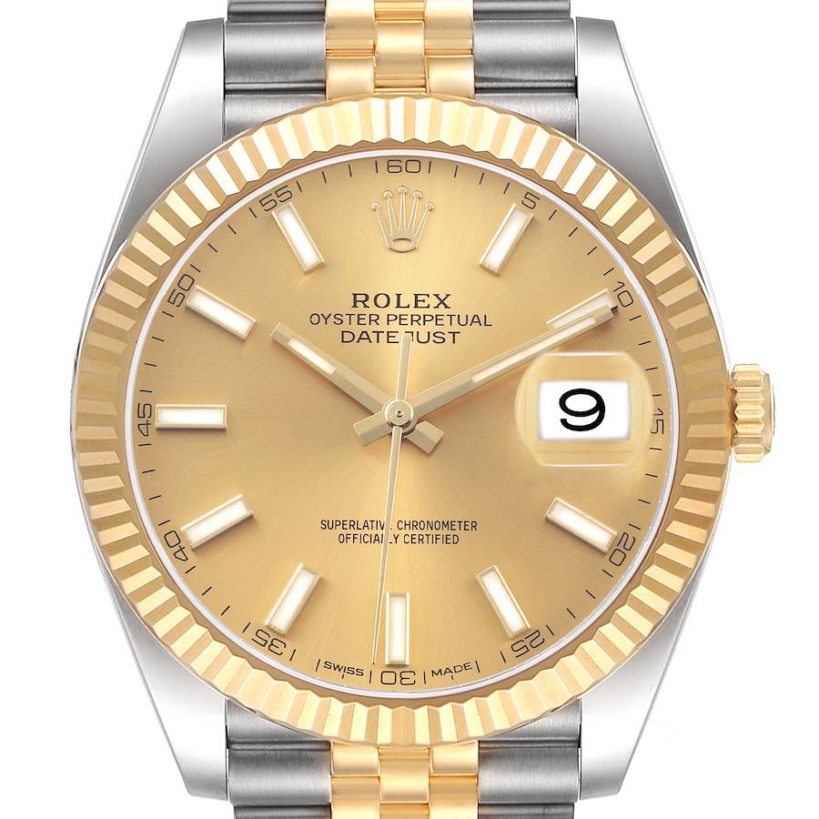 The Rolex Datejust 41 126333 Men's Steel and Gold (two tone) Champagne Dial watch is shown in a front-facing angle, highlighting the gold dial, fluted bezel, and two-tone Jubilee bracelet.