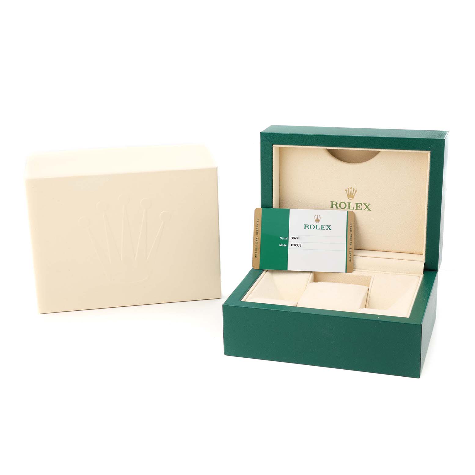 The image shows the packaging for a Rolex Datejust 41 126333 Men's Steel and Gold (two tone) Champagne Dial, including a green box, warranty card, and outer cover.
