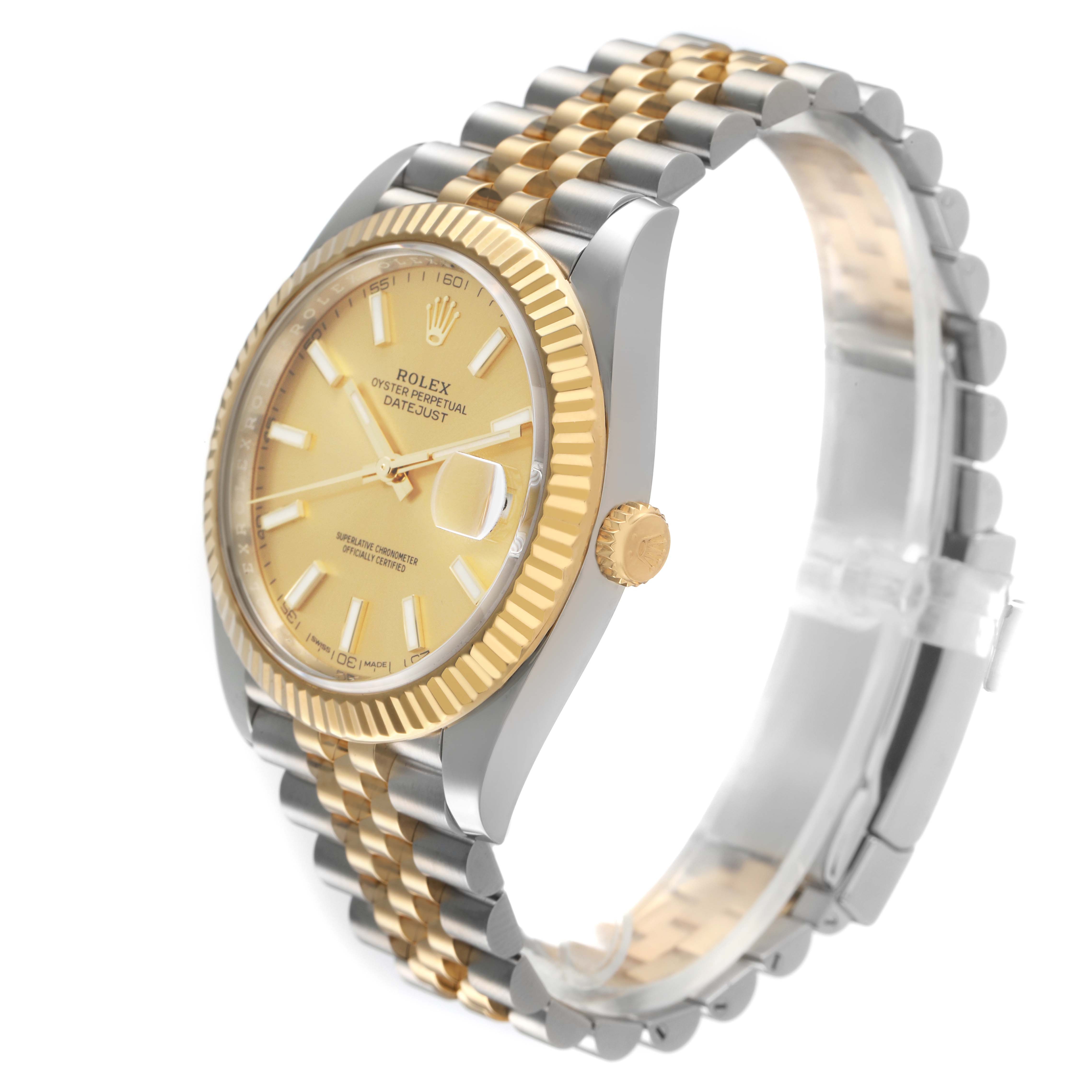 The Rolex Datejust 41 126333 Men's Steel and Gold (two tone) Champagne Dial is shown at a three-quarter angle, displaying the gold face, fluted bezel, and two-tone Jubilee bracelet.