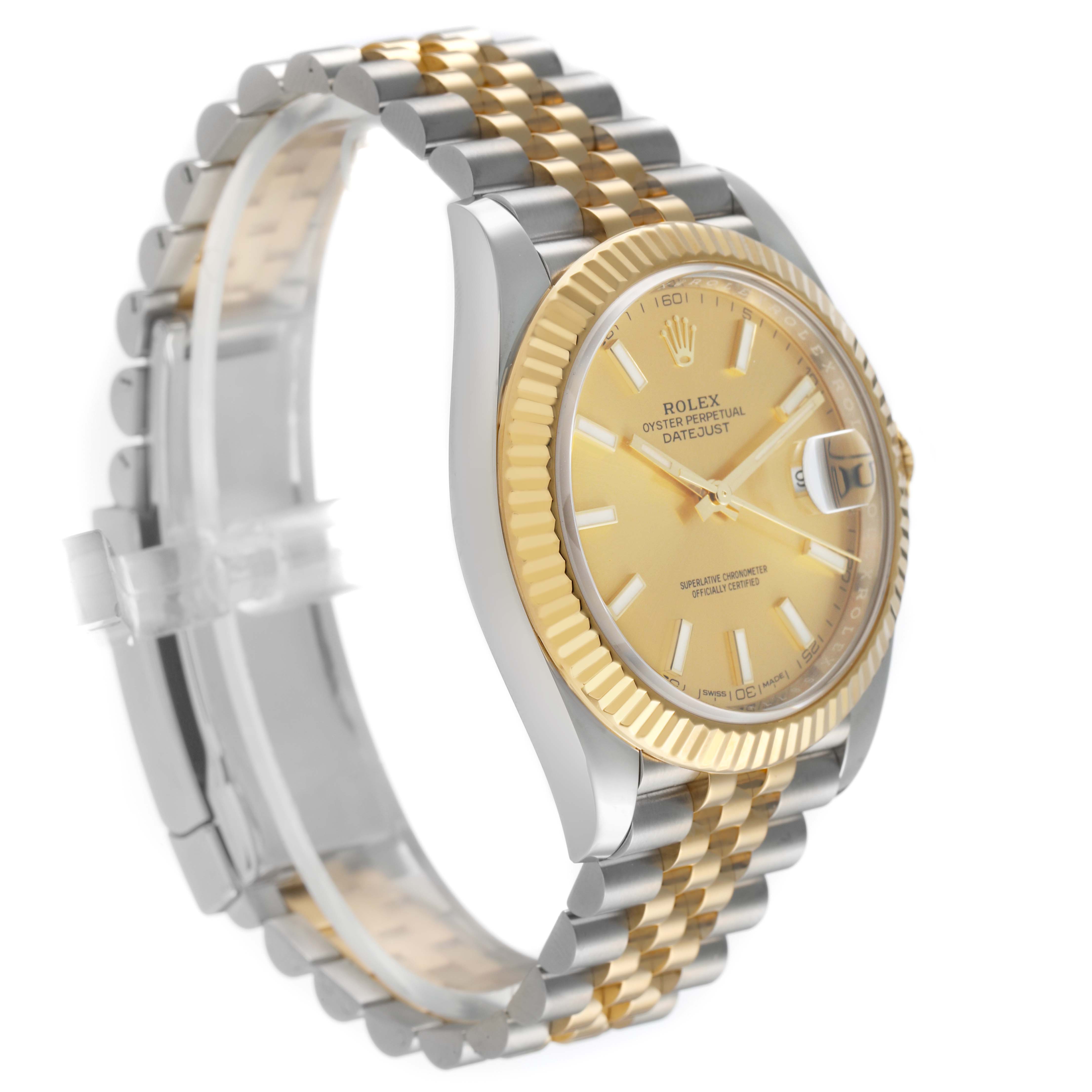 The image shows a Rolex Datejust 41 126333 Men's Steel and Gold (two tone) Champagne Dial at a three-quarter angle, highlighting the gold fluted bezel, dial, and two-tone bracelet.