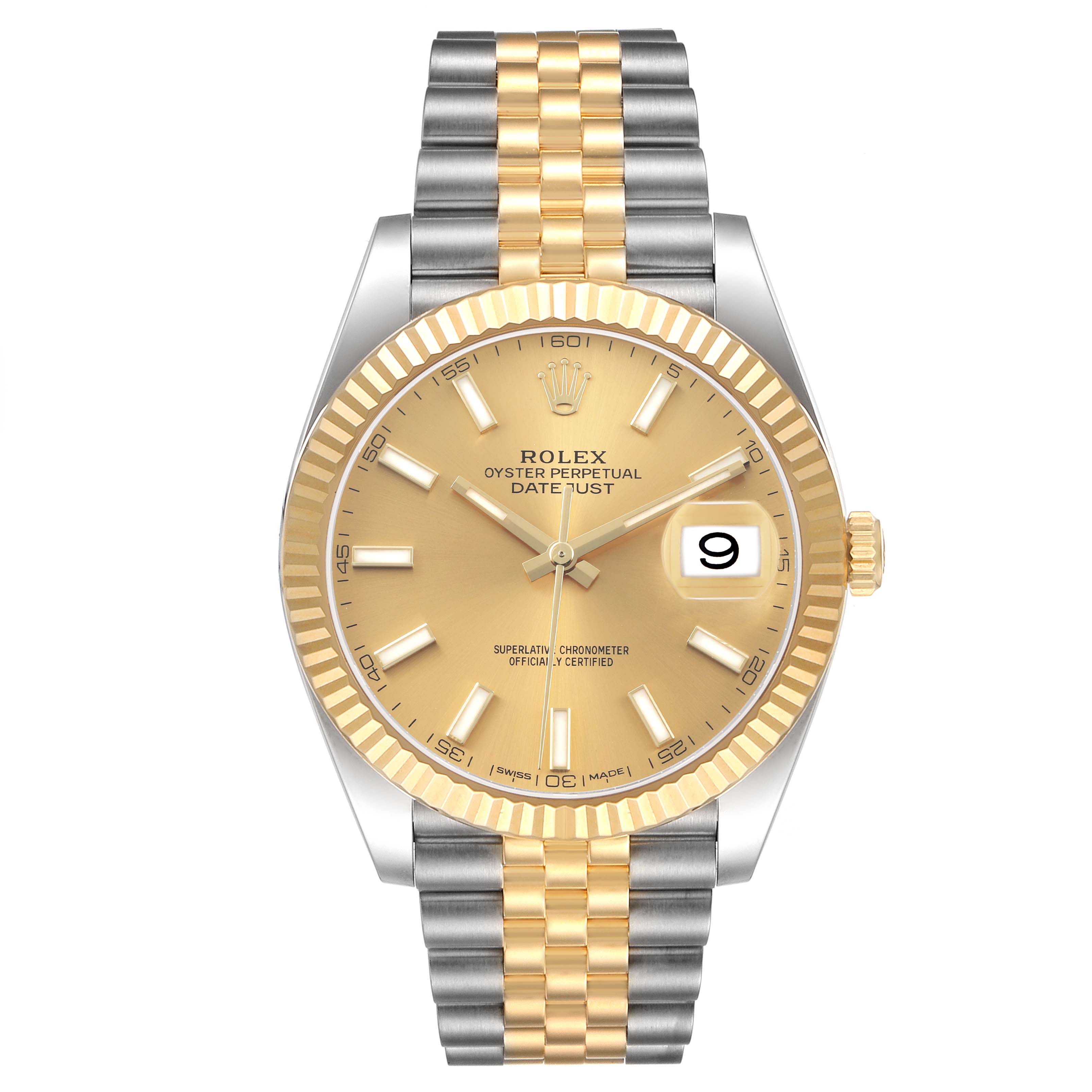 The Rolex Datejust 41 126333 Men's Steel and Gold (two tone) Champagne Dial watch is shown from a front angle, displaying the gold dial, fluted bezel, and two-tone bracelet.