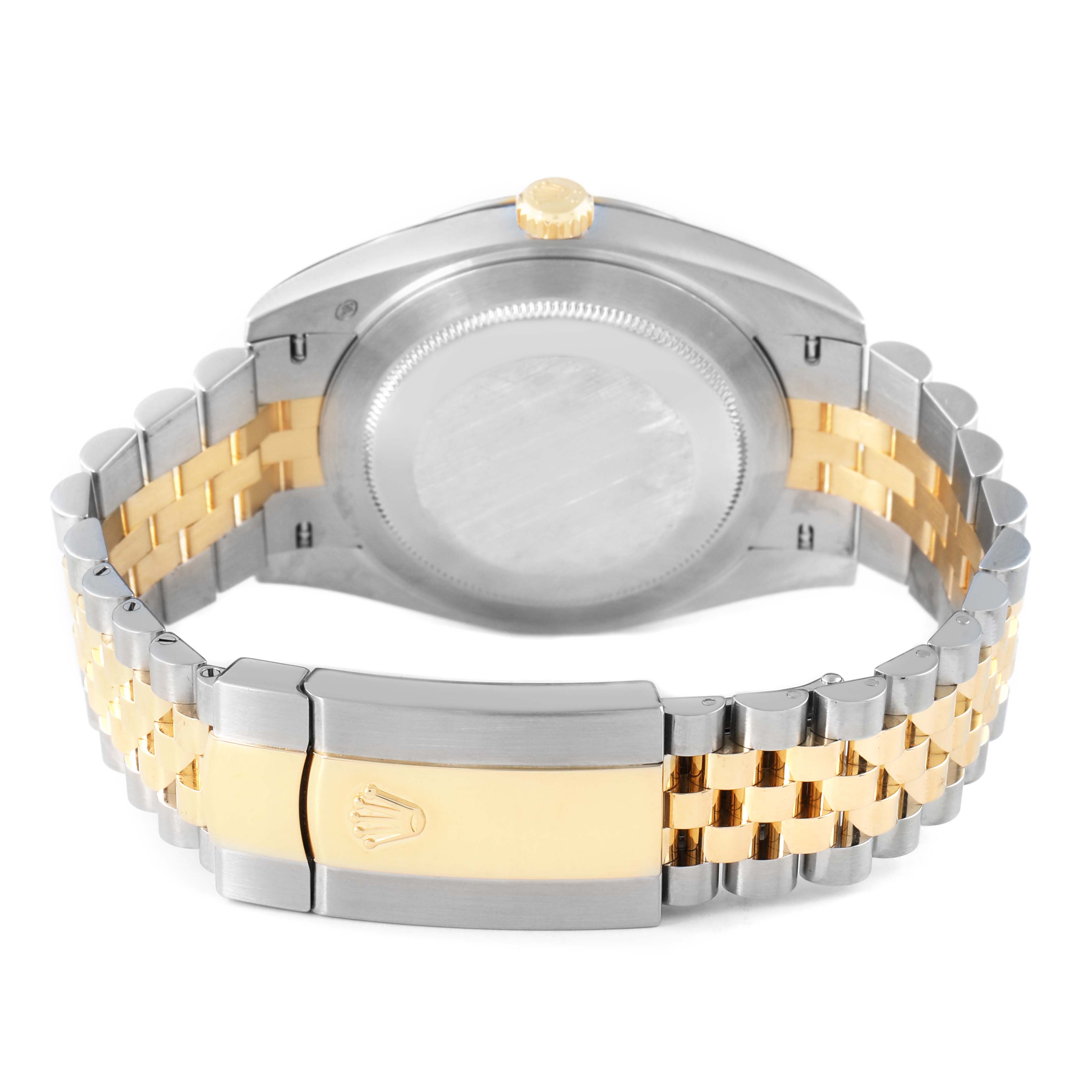 The Rolex Datejust 41 126333 Men's Steel and Gold (two tone) Champagne Dial is shown from the back, highlighting its case, gold crown, and Jubilee bracelet with a gold and silver finish.