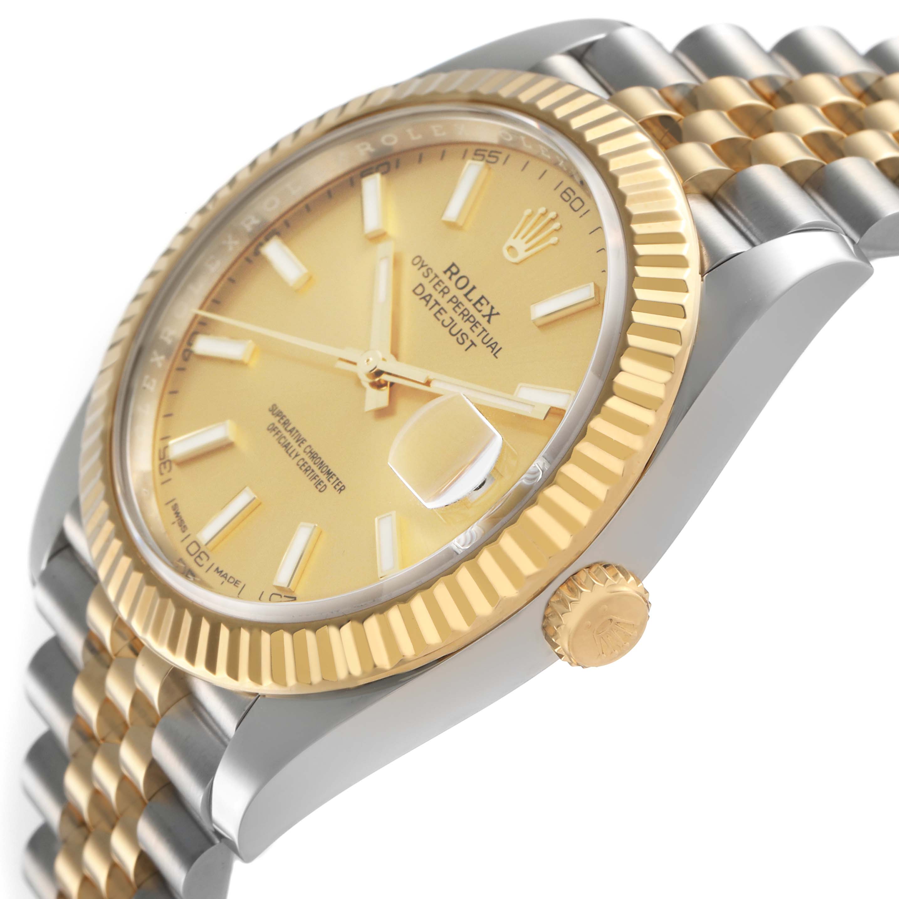 The Rolex Datejust 41 126333 Men's Steel and Gold (two tone) Champagne Dial watch is shown at an angle highlighting the crown, bezel, dial, and part of the bracelet.