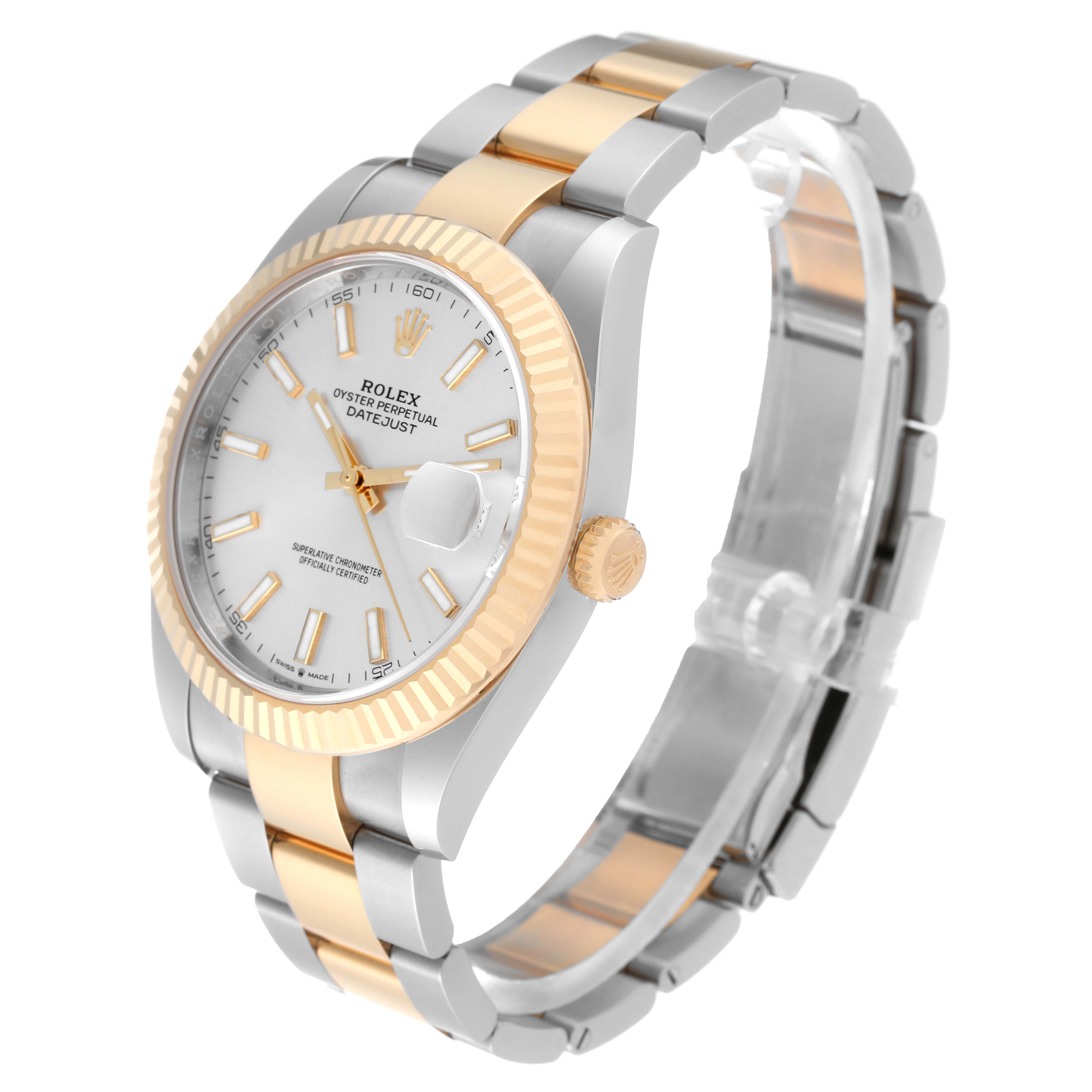 The Rolex Datejust 41 126333 Men's Steel and Gold (two tone) Silver Dial 126333 Men's Steel and Gold (two tone) Silver Dial watch is shown at a slight angle, highlighting its face, bezel, crown, and two-tone bracelet.