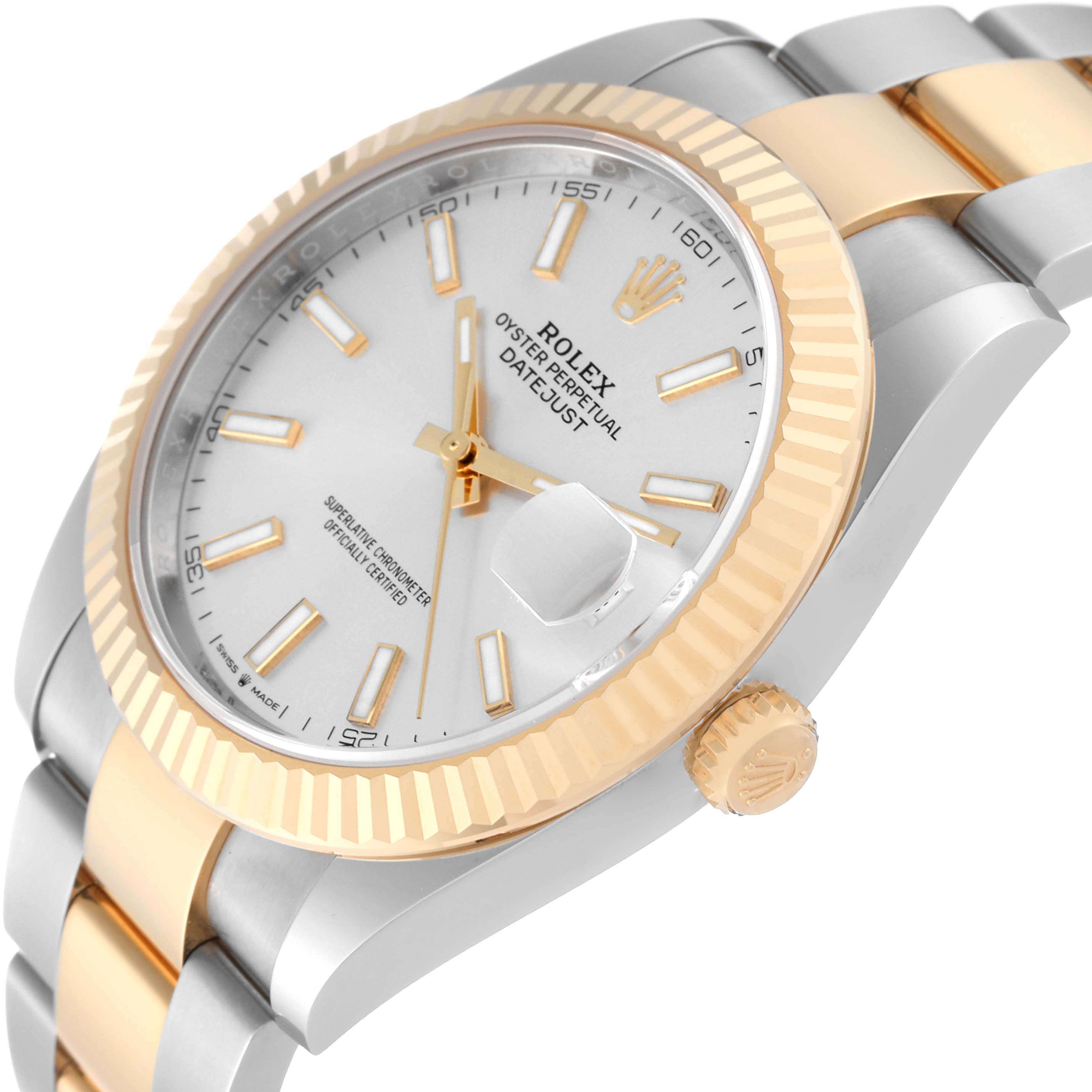 The image shows a close-up of the Rolex Datejust 41 126333 Men's Steel and Gold (two tone) Silver Dial 126333 Men's Steel and Gold (two tone) Silver Dial watch at an angled side view, highlighting the dial, bezel, and part of the bracelet.