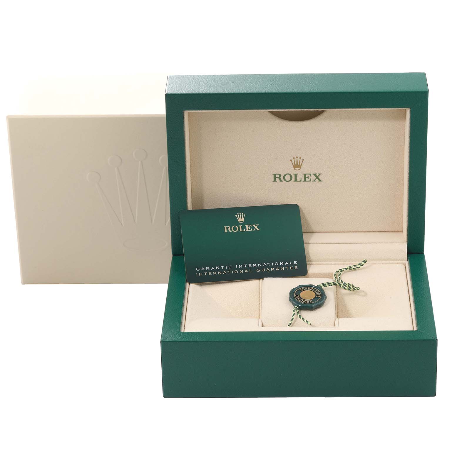 The image shows the packaging of a Rolex Datejust 41 126333 Men's Steel and Gold (two tone) Silver Dial 126333 Men's Steel and Gold (two tone) Silver Dial, including the watch box, warranty card, and hang tag.