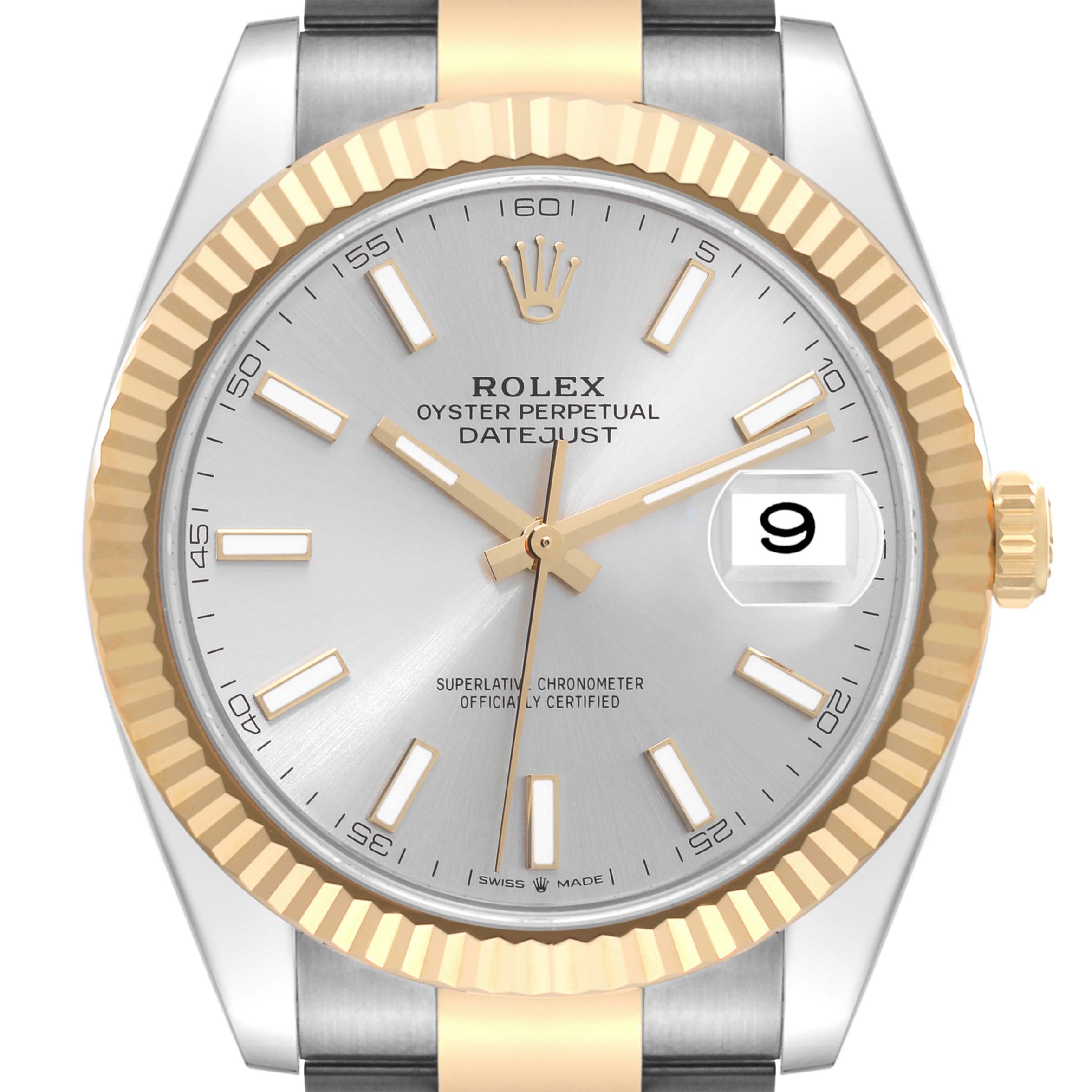 The image shows a front view of a Rolex Datejust 41 126333 Men's Steel and Gold (two tone) Silver Dial 126333 Men's Steel and Gold (two tone) Silver Dial watch, highlighting the dial, hands, date window, and fluted bezel.