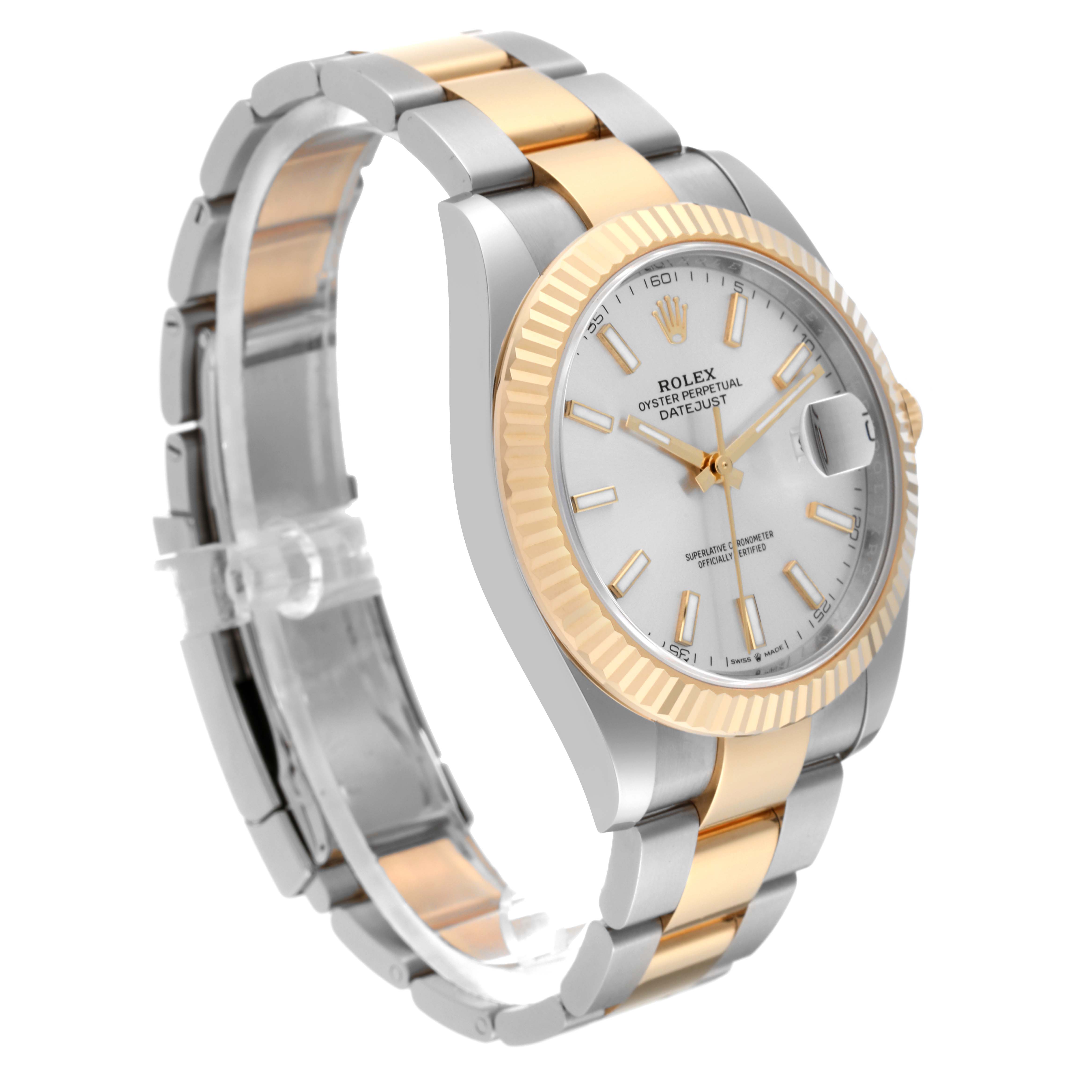 This image shows a Rolex Datejust 41 126333 Men's Steel and Gold (two tone) Silver Dial 126333 Men's Steel and Gold (two tone) Silver Dial model at a three-quarter angle, displaying its gold and silver bracelet, fluted bezel, and dial.