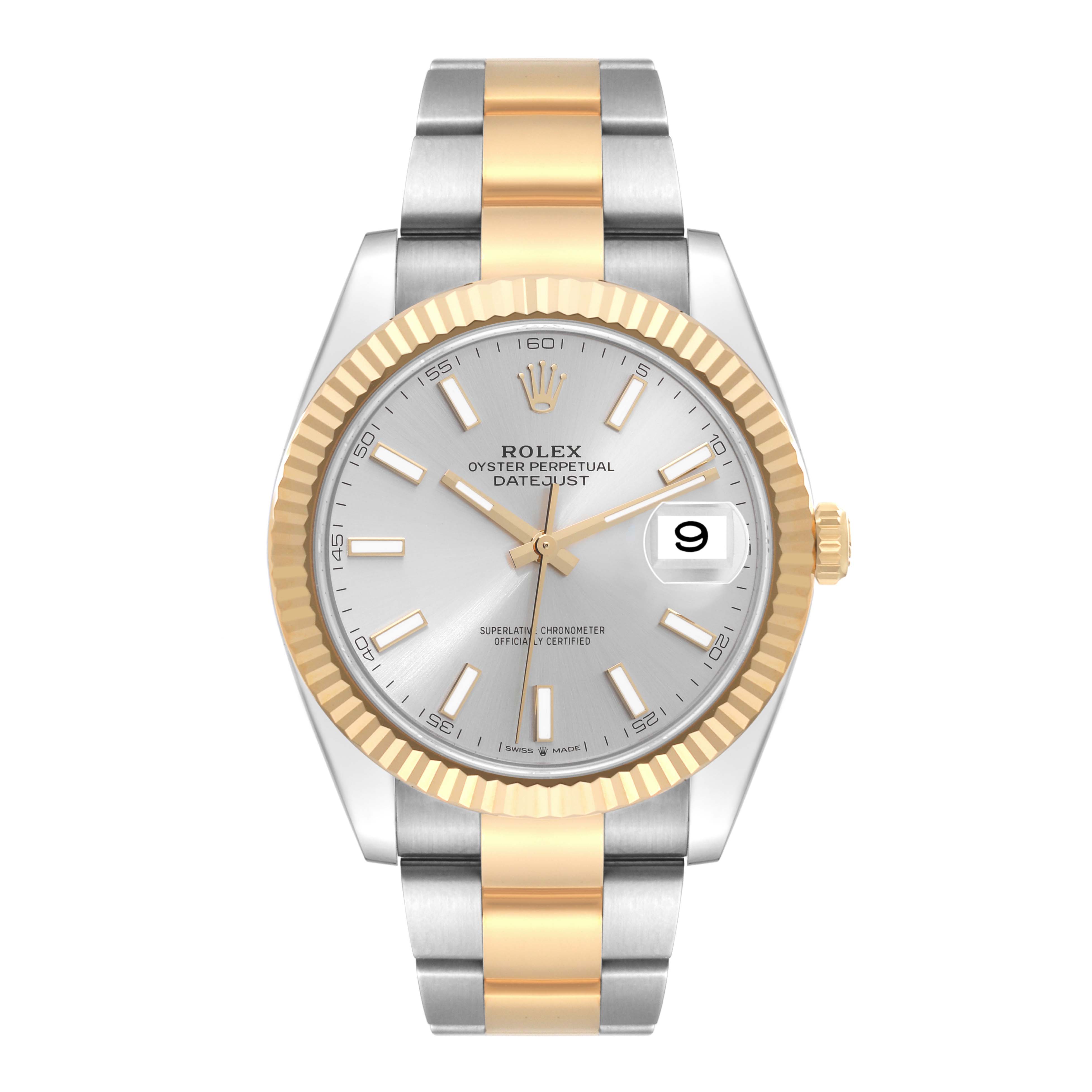 This image shows a front view of a Rolex Datejust 41 126333 Men's Steel and Gold (two tone) Silver Dial 126333 Men's Steel and Gold (two tone) Silver Dial watch, showcasing its two-tone bracelet, gold fluted bezel, and silver dial.