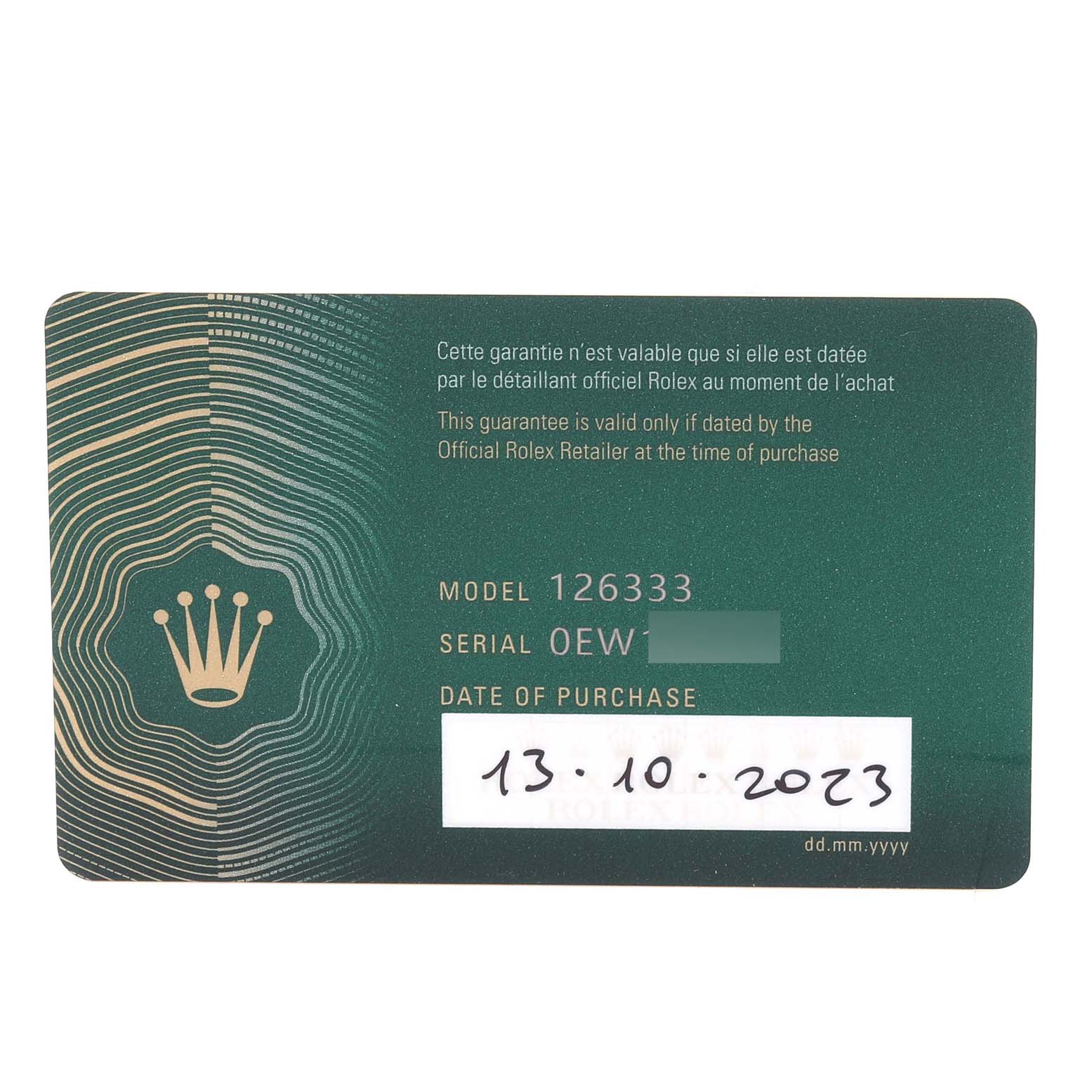This image shows a warranty card for the Rolex Datejust 41 126333 Men's Steel and Gold (two tone) Silver Dial 126333 Men's Steel and Gold (two tone) Silver Dial model.