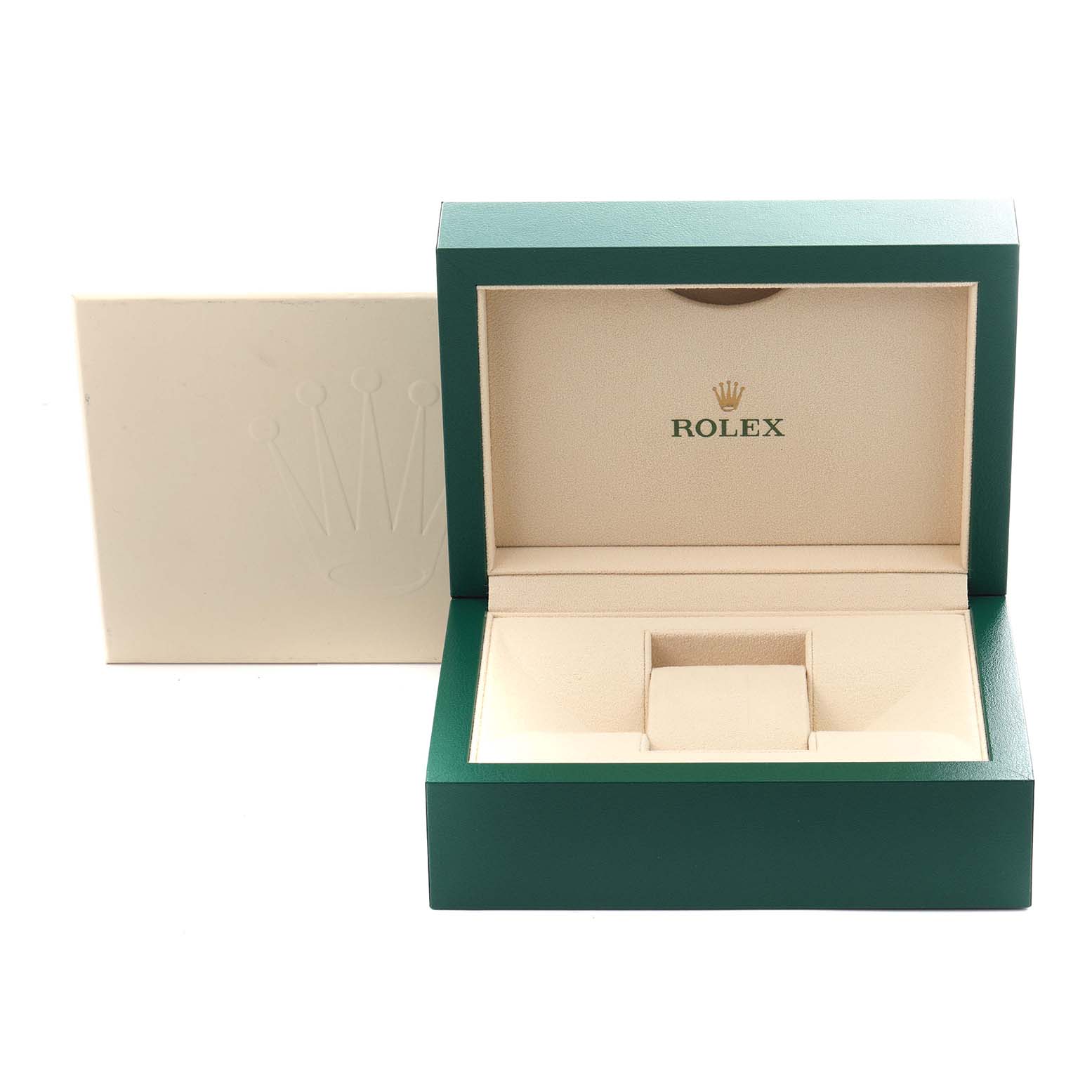 The image shows the open box of a Rolex Datejust 41 126333 Men's Steel and Gold (two tone) Grey Dial 126333 Men's Steel and Gold (two tone) Grey Dial, featuring a green exterior and beige interior with the Rolex logo.