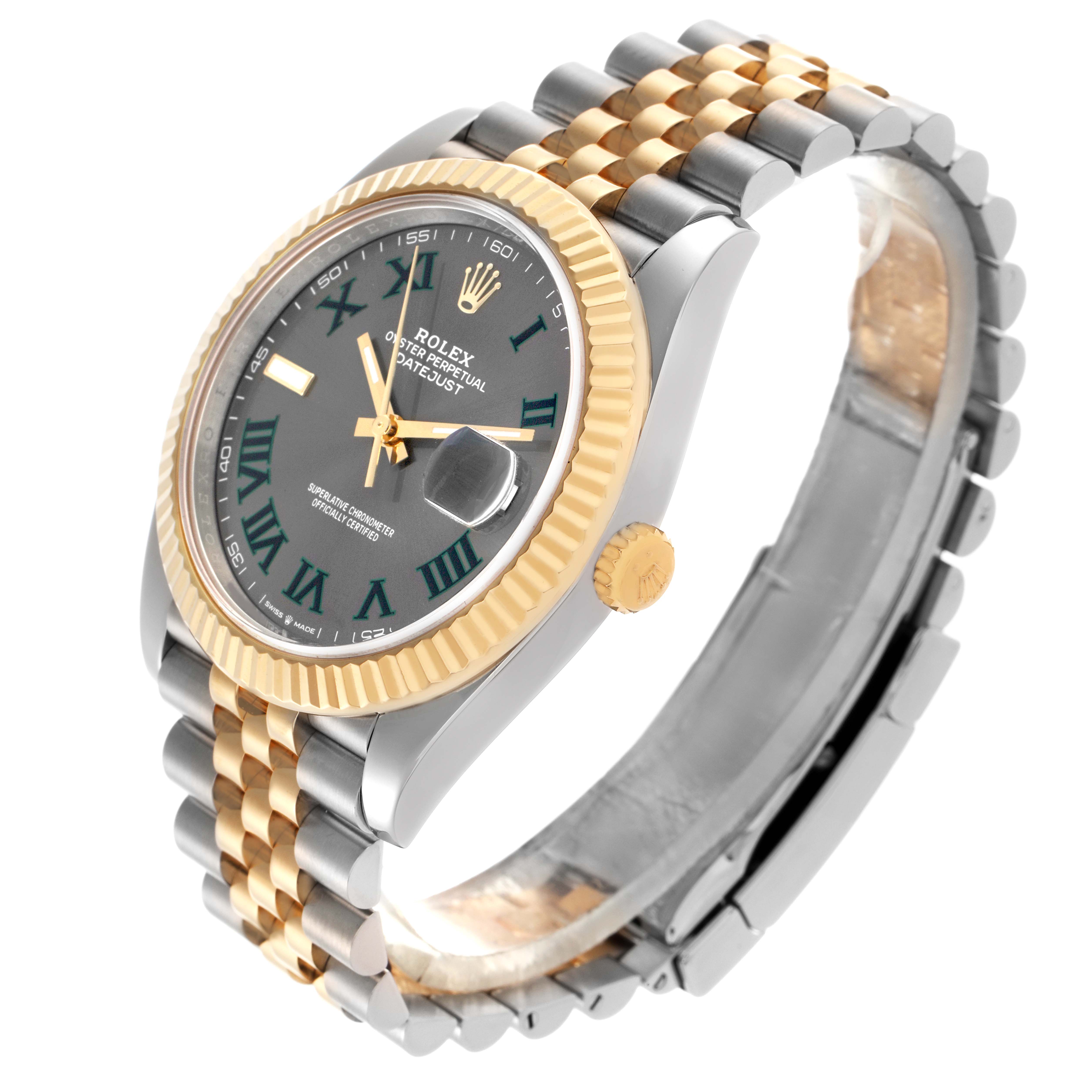 The Rolex Datejust 41 126333 Men's Steel and Gold (two tone) Grey Dial 126333 Men's Steel and Gold (two tone) Grey Dial shows a top-side angle featuring the face, fluted bezel, crown, and two-tone Jubilee bracelet.
