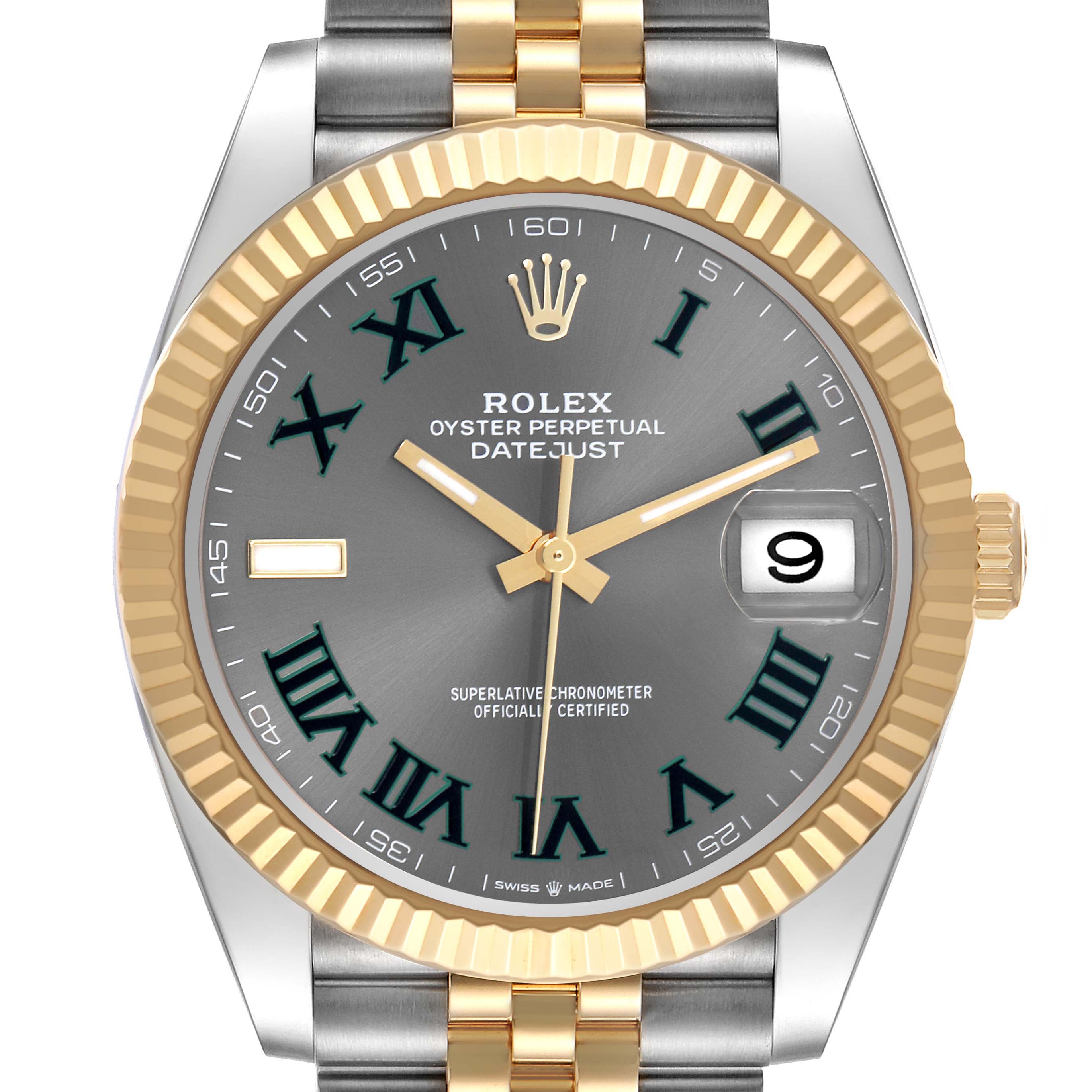 The Rolex Datejust 41 126333 Men's Steel and Gold (two tone) Grey Dial 126333 Men's Steel and Gold (two tone) Grey Dial is shown from the front, highlighting its dial, bezel, hands, and part of the bracelet.