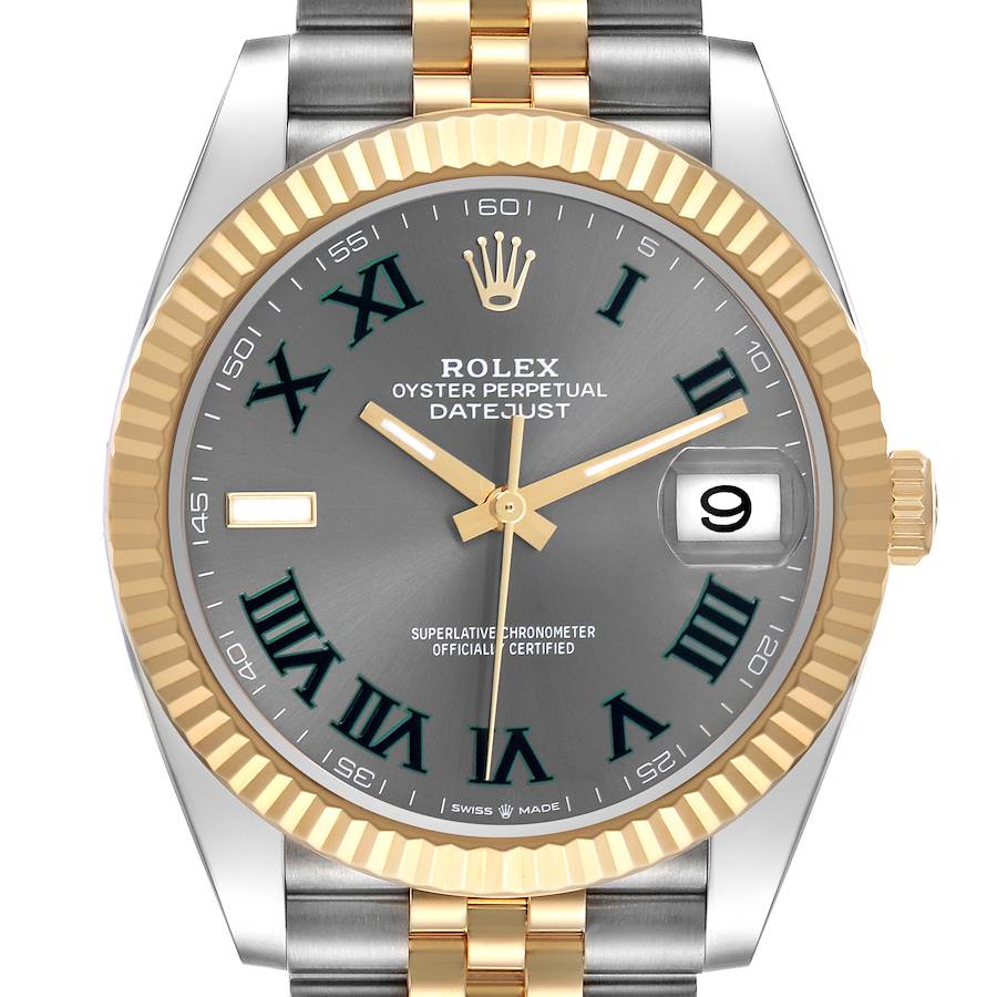 The Rolex Datejust 41 is shown from the front, highlighting its dial, bezel, hands, and part of the bracelet.