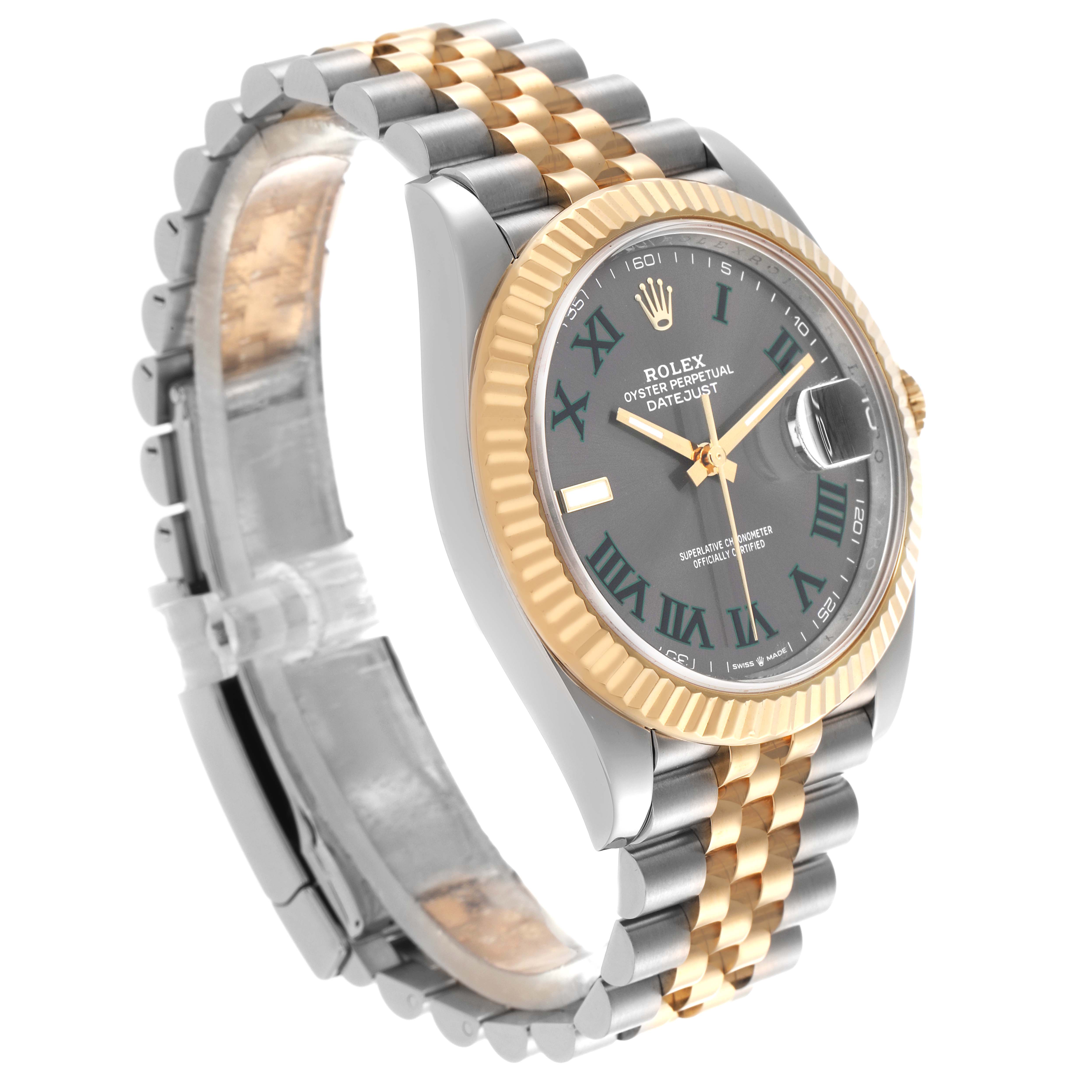 The Rolex Datejust 41 126333 Men's Steel and Gold (two tone) Grey Dial 126333 Men's Steel and Gold (two tone) Grey Dial is shown at an angled view, highlighting the dial, fluted bezel, and two-tone jubilee bracelet.