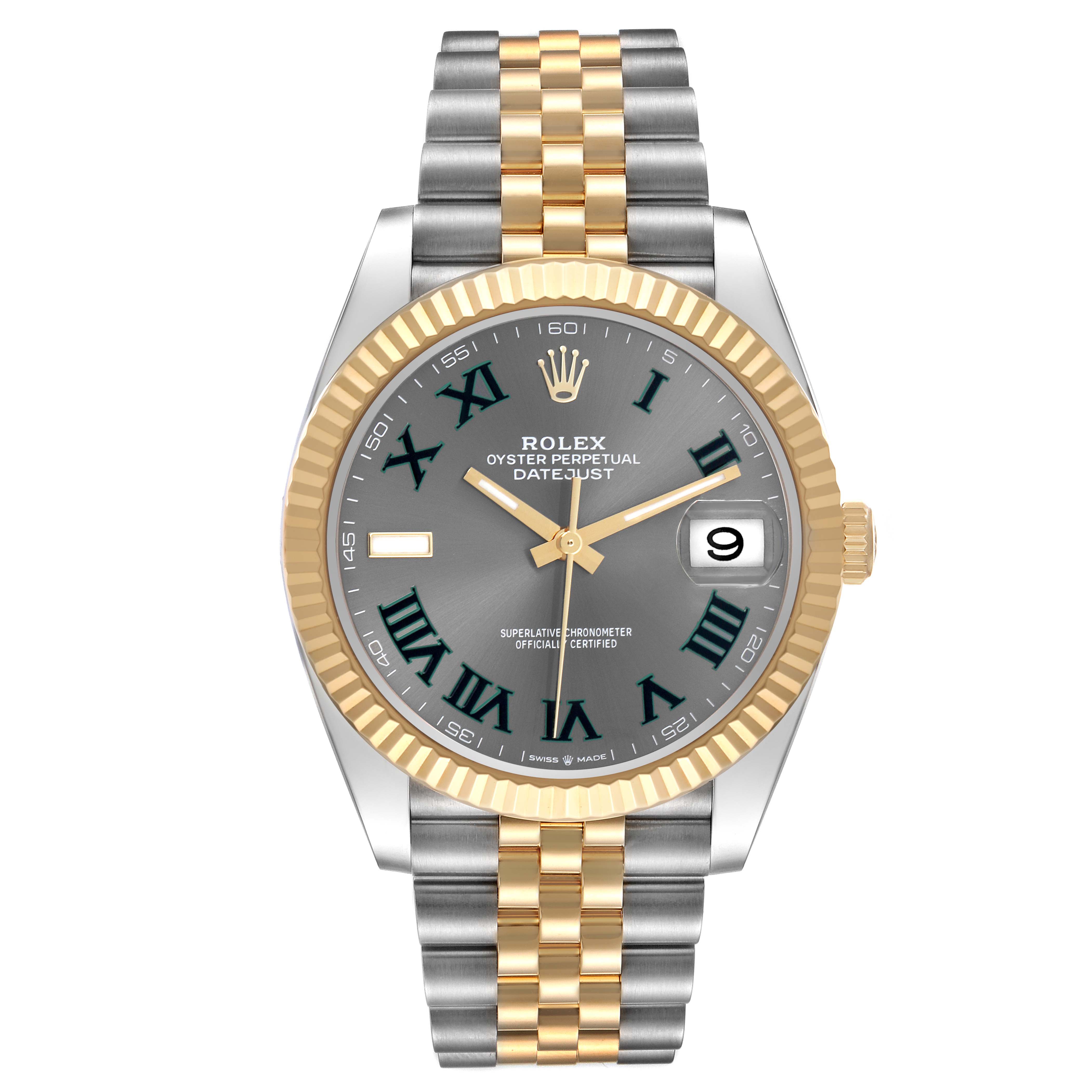 The Rolex Datejust 41 126333 Men's Steel and Gold (two tone) Grey Dial 126333 Men's Steel and Gold (two tone) Grey Dial is shown from the front, highlighting the dial, bezel, and Jubilee bracelet.