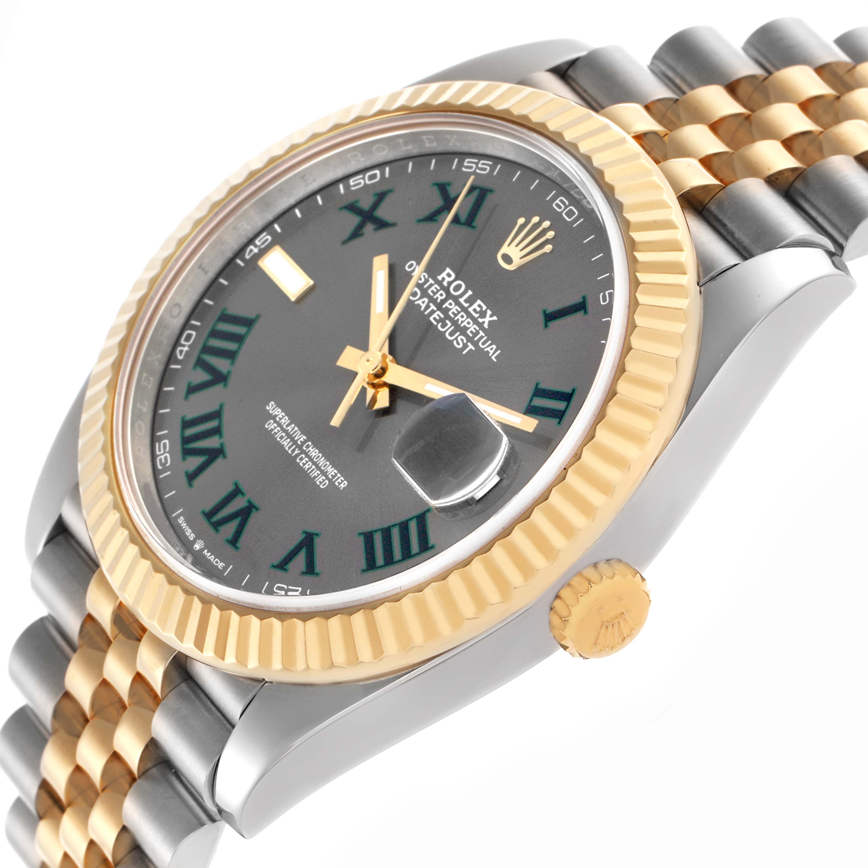 The Rolex Datejust 41 126333 Men's Steel and Gold (two tone) Grey Dial 126333 Men's Steel and Gold (two tone) Grey Dial is shown at an angled view, displaying the dial, fluted bezel, crown, and Jubilee bracelet.