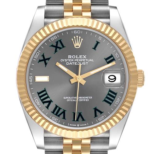 The Rolex Datejust 41 is shown in a frontal view, displaying the dial, fluted bezel, and part of the bracelet.