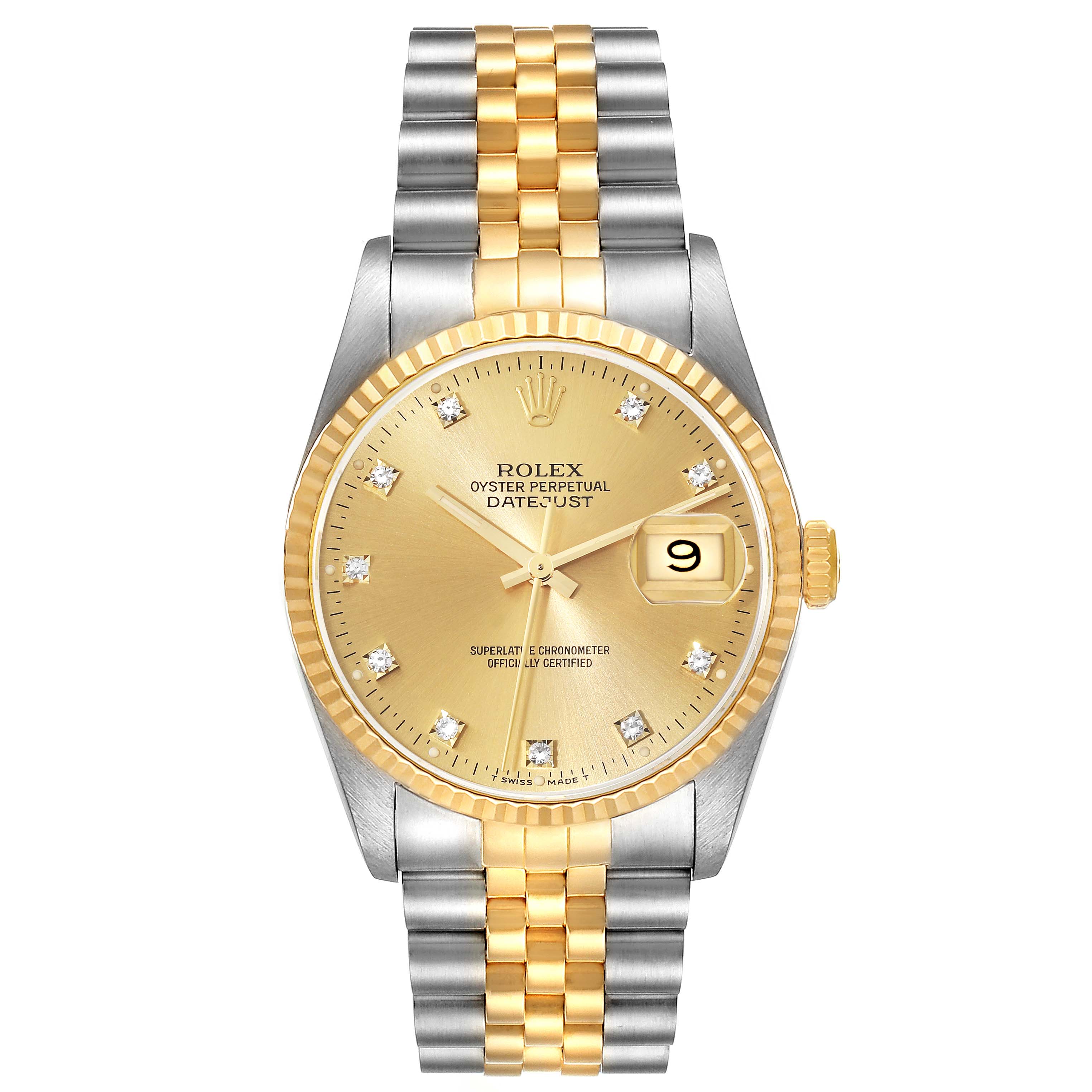The image shows a front view of the Rolex Datejust 16233 Men's Steel and Gold (two tone) Champagne Dial 16233 Men's Steel and Gold (two tone) Champagne Dial watch, highlighting the gold and silver bracelet, champagne dial, and date window.
