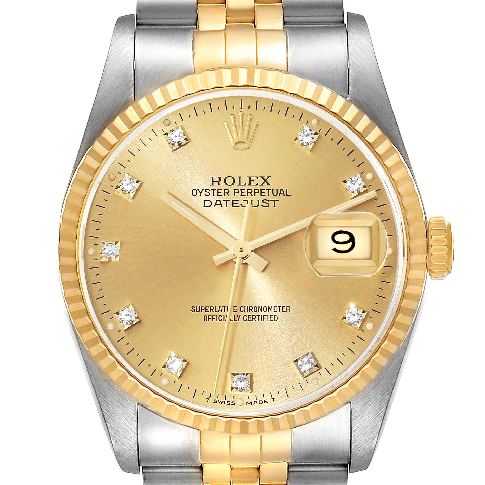 This image shows a close-up of the Rolex Datejust 16233 Men's Steel and Gold (two tone) Champagne Dial 16233 Men's Steel and Gold (two tone) Champagne Dial watch dial, bezel, and part of the bracelet.