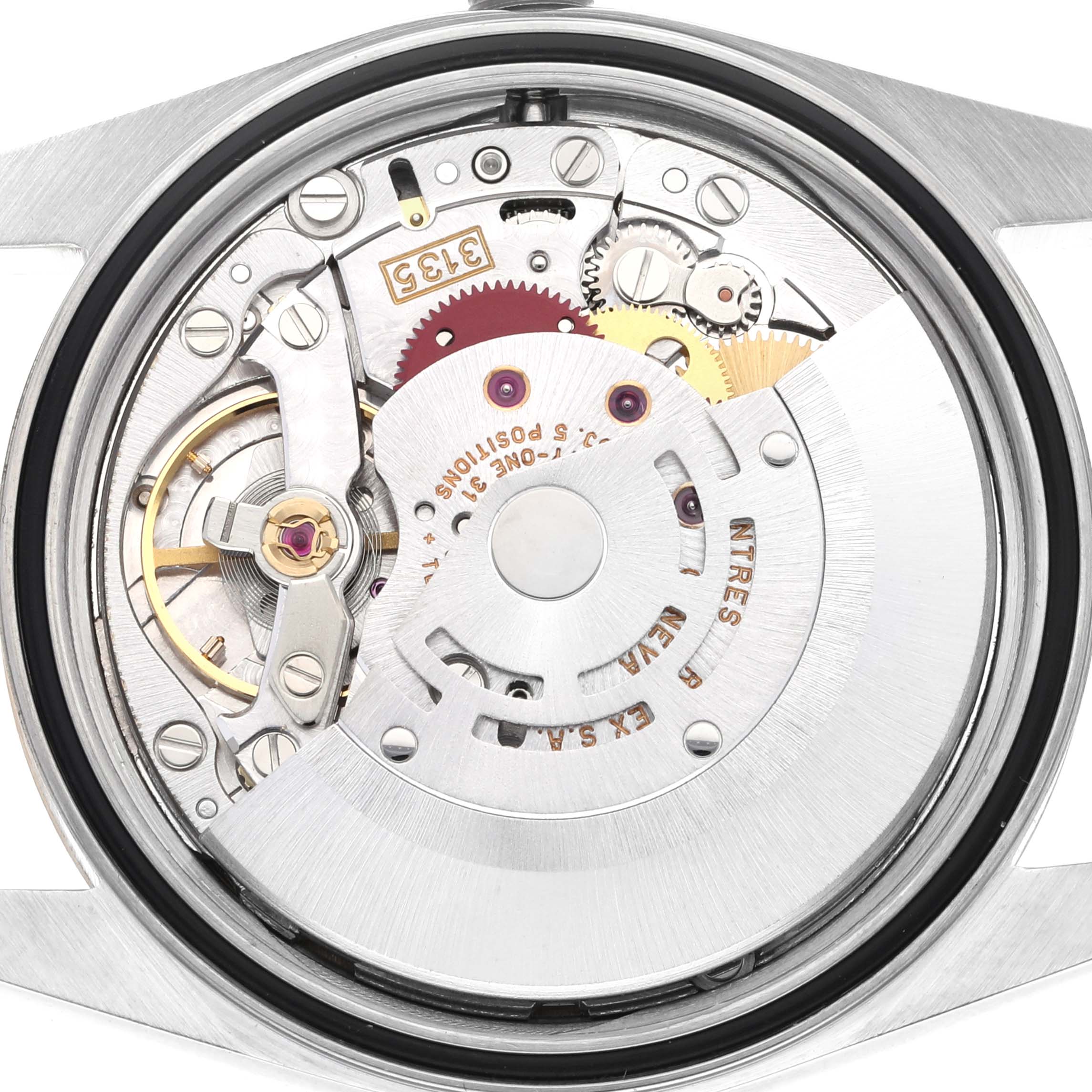 This image shows the internal mechanical movement of a Rolex Datejust 16233 Men's Steel and Gold (two tone) Champagne Dial 16233 Men's Steel and Gold (two tone) Champagne Dial watch, viewed from the back.