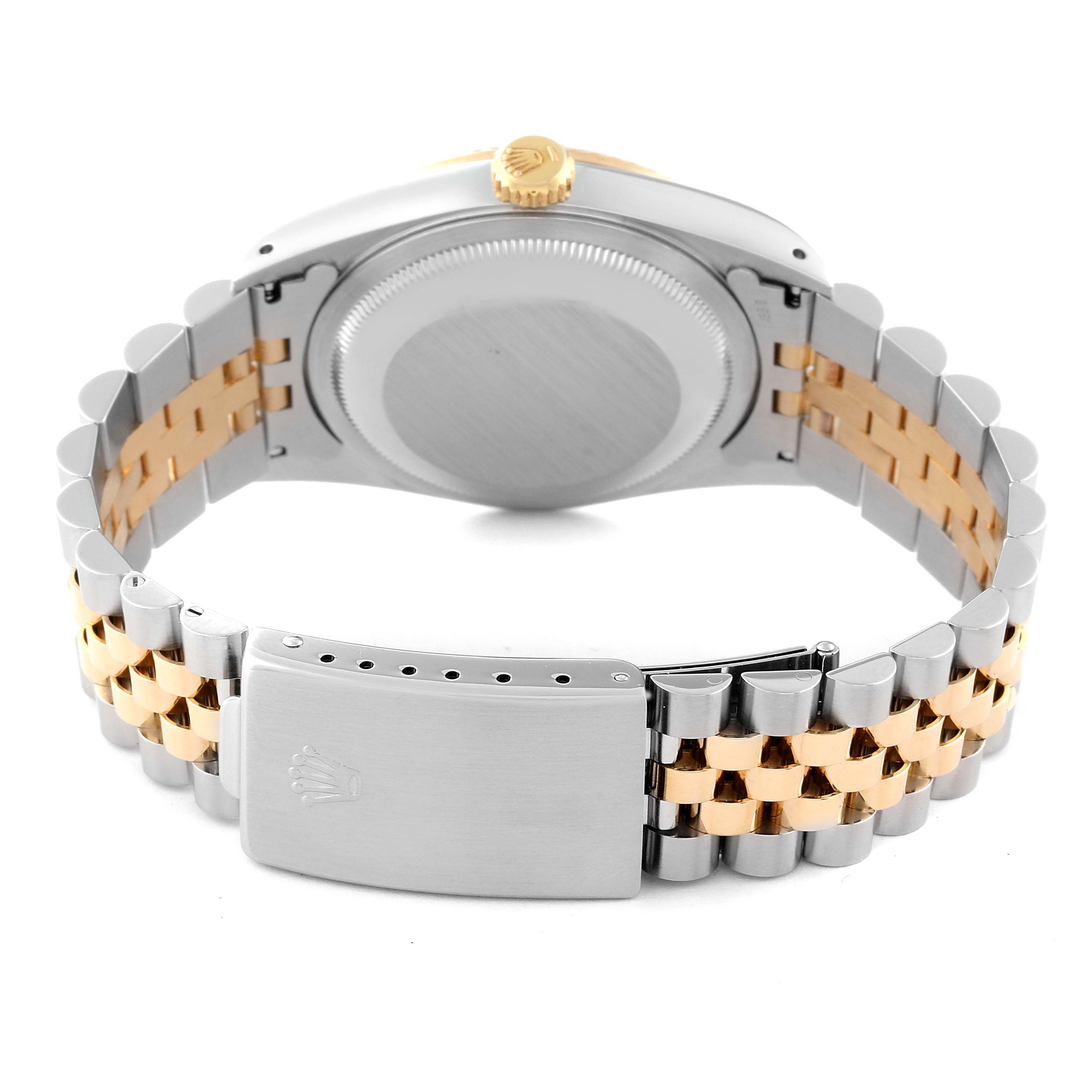 The image shows the back view of the Rolex Datejust 16233 Men's Steel and Gold (two tone) Champagne Dial 16233 Men's Steel and Gold (two tone) Champagne Dial watch, highlighting the case back and bracelet with clasp.