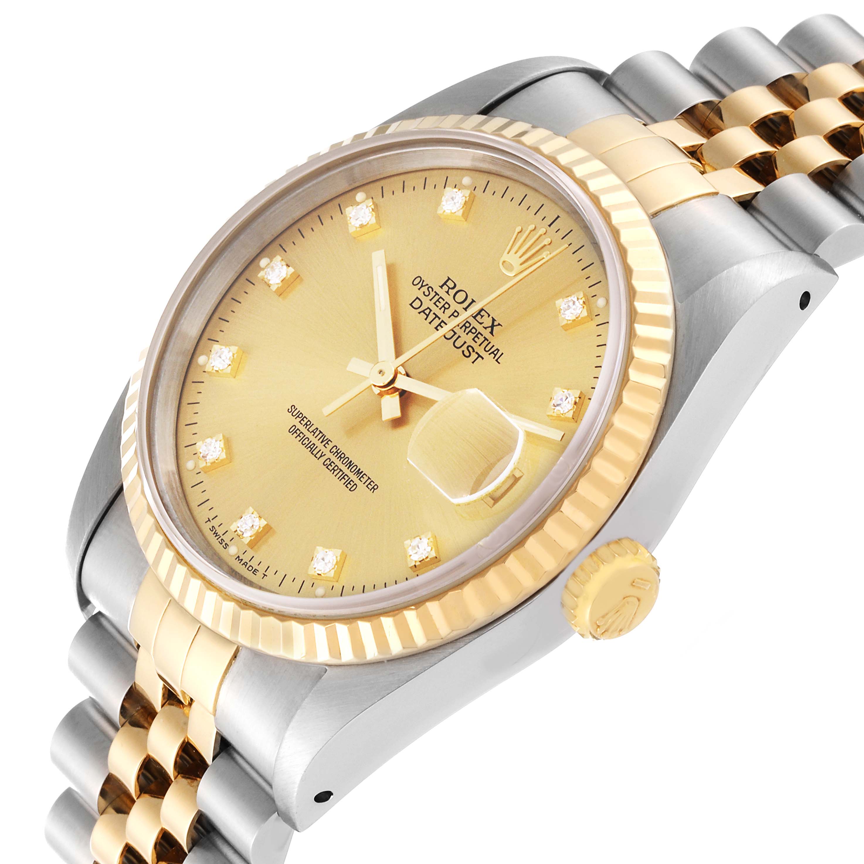 This image shows an angled view of a Rolex Datejust 16233 Men's Steel and Gold (two tone) Champagne Dial 16233 Men's Steel and Gold (two tone) Champagne Dial watch, highlighting its face, fluted bezel, crown, and jubilee bracelet.