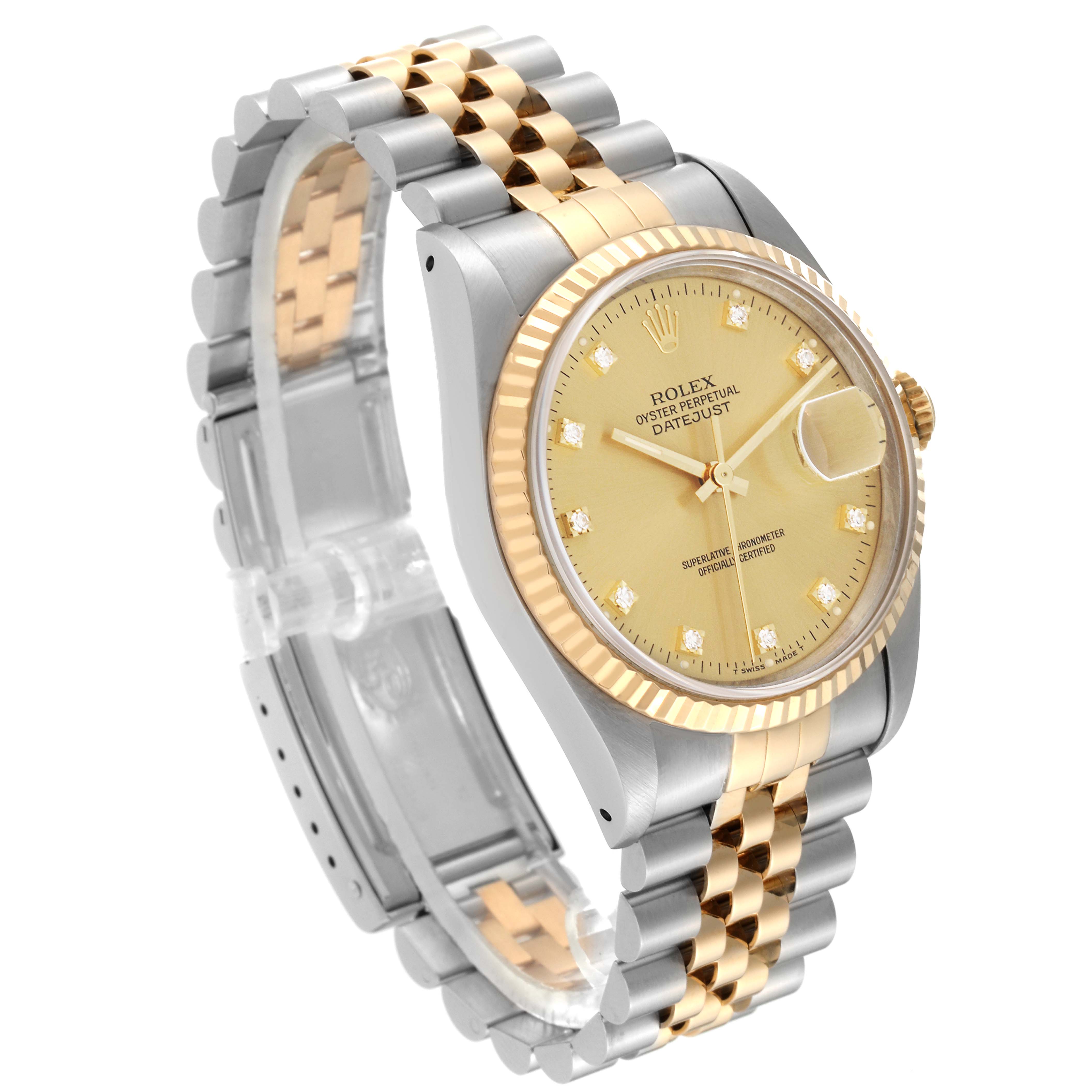 The image shows a Rolex Datejust 16233 Men's Steel and Gold (two tone) Champagne Dial 16233 Men's Steel and Gold (two tone) Champagne Dial model watch at a tilted side angle, revealing the dial, bezel, and partially opened bracelet.