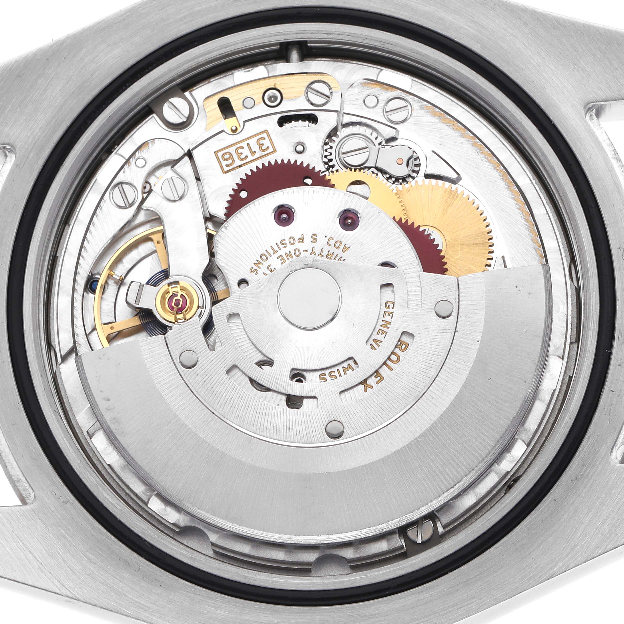 The image shows the internal movement of a Rolex Datejust 41 116334 Men
s Stainless Steel Silver Dial 116334 Men
s Stainless Steel Silver Dial, highlighting gears and mechanical components.