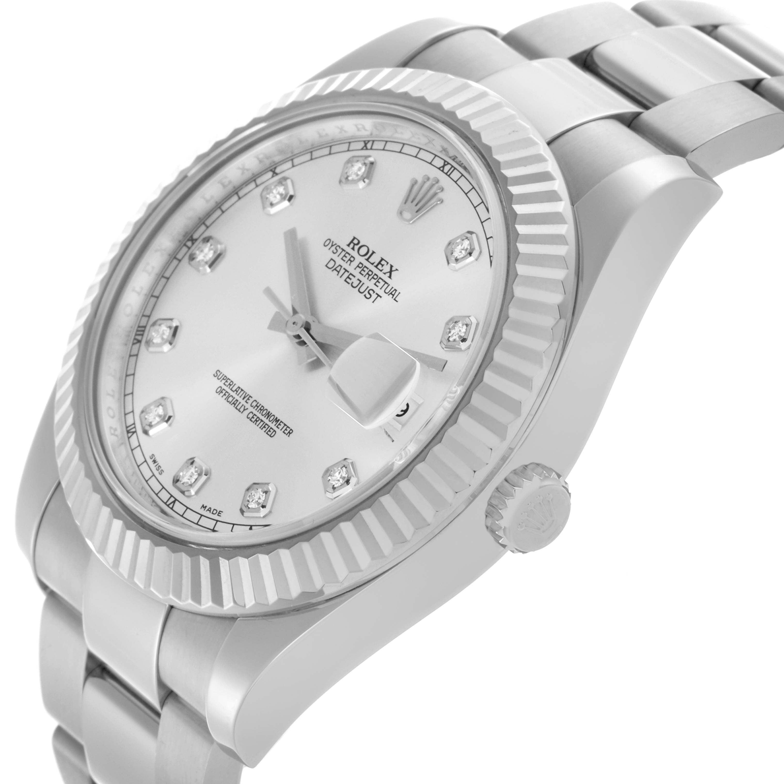 The Rolex Datejust 41 116334 Men
s Stainless Steel Silver Dial 116334 Men
s Stainless Steel Silver Dial is shown at a slight angle, highlighting the side profile, bezel, dial, and bracelet.