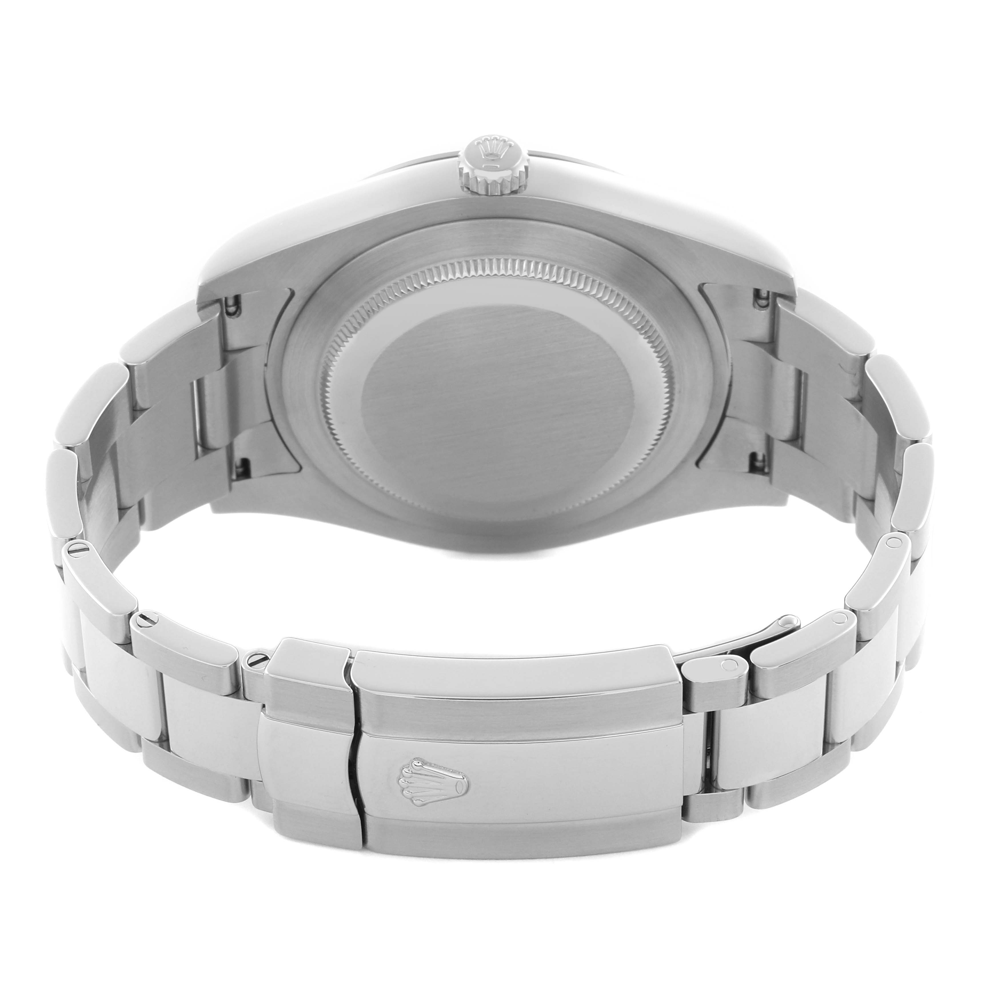 The image shows the back of a Rolex Datejust 41 116334 Men
s Stainless Steel Silver Dial 116334 Men
s Stainless Steel Silver Dial, highlighting the case back, bracelet, and clasp with the Rolex logo.