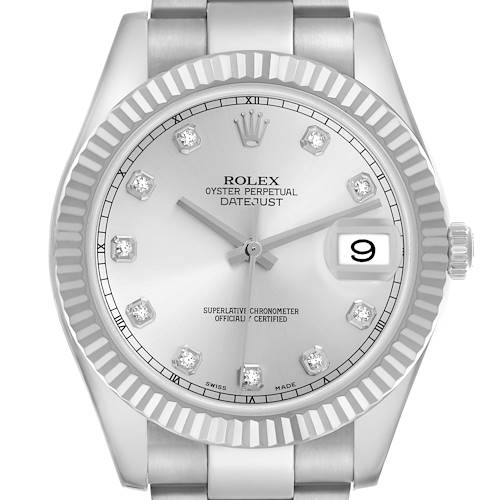 The Rolex Datejust 41 is shown from a front angle, highlighting its dial, fluted bezel, and bracelet.