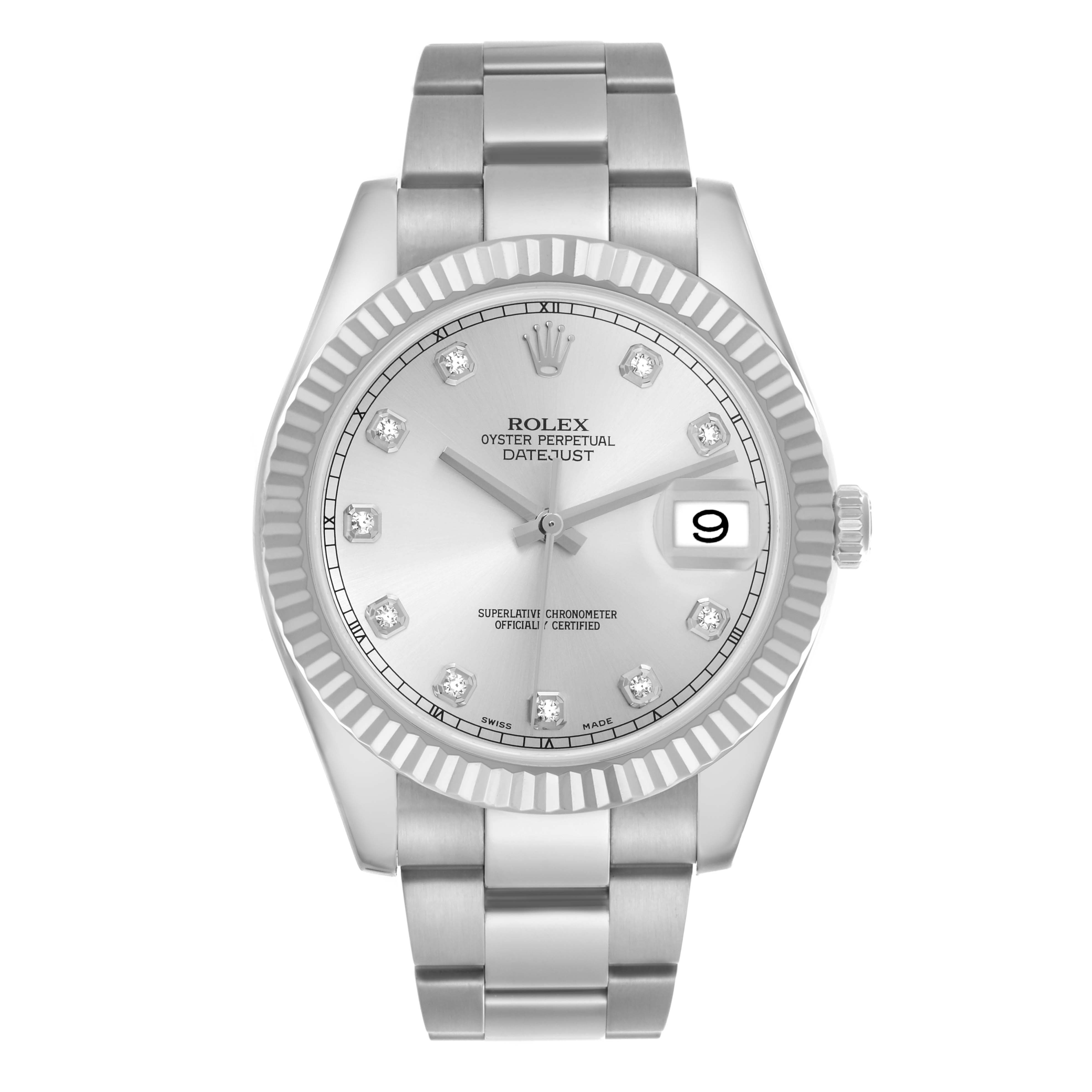 The Rolex Datejust 41 116334 Men
s Stainless Steel Silver Dial 116334 Men
s Stainless Steel Silver Dial is shown from the front, highlighting the dial, bezel, and bracelet.