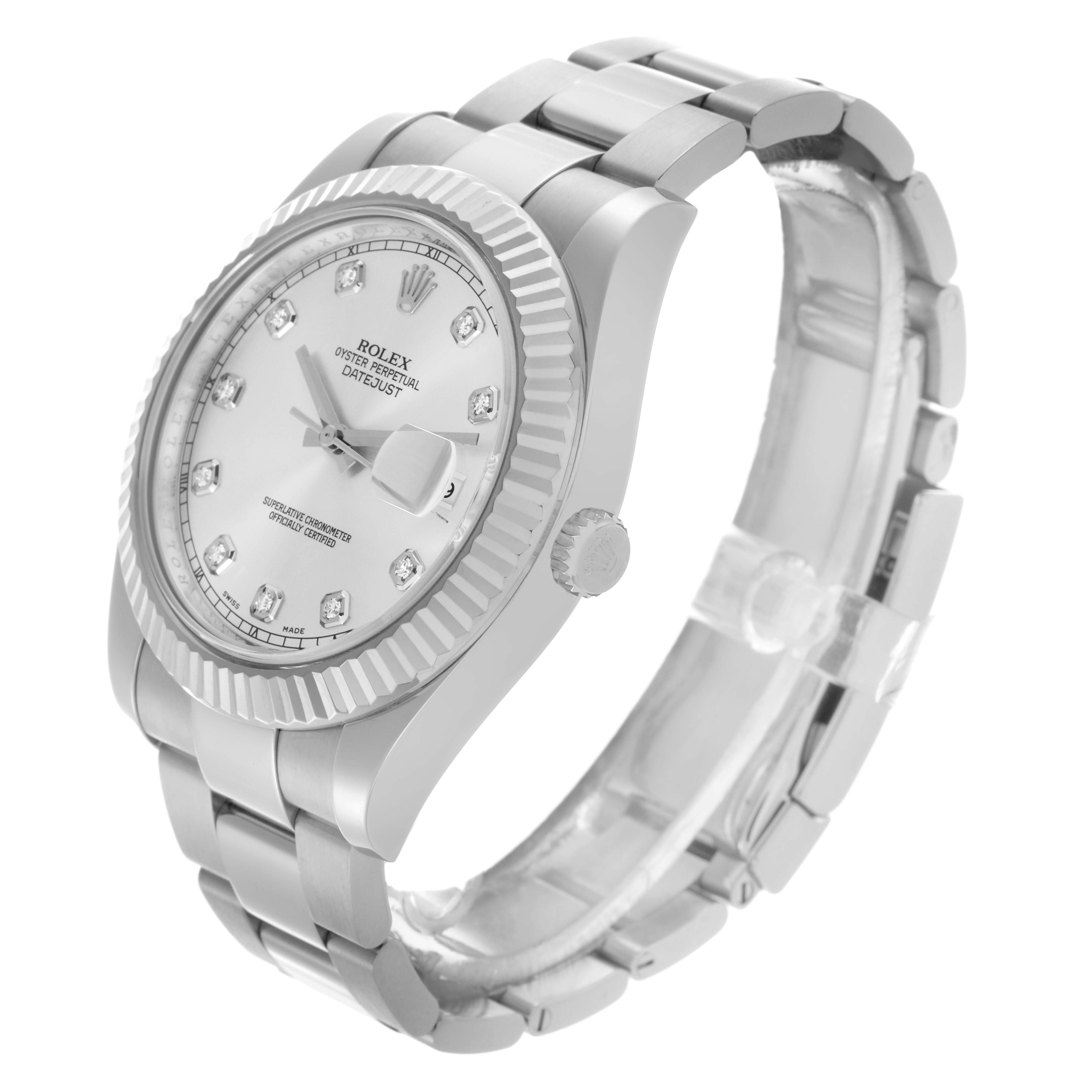 The Rolex Datejust 41 116334 Men
s Stainless Steel Silver Dial 116334 Men
s Stainless Steel Silver Dial is shown from a three-quarter angle, displaying the bezel, dial, bracelet, and crown.