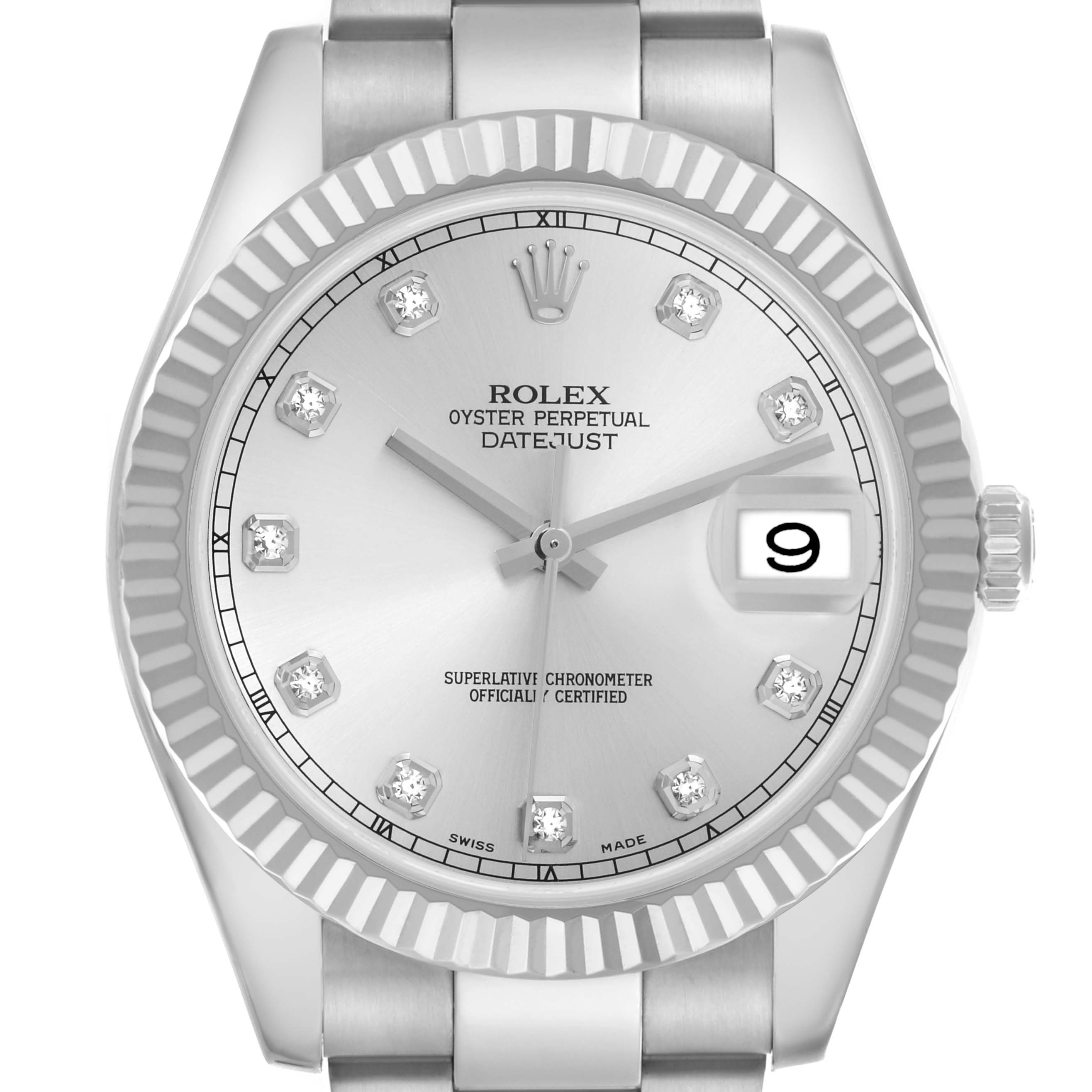The Rolex Datejust 41 116334 Men
s Stainless Steel Silver Dial 116334 Men
s Stainless Steel Silver Dial is shown from the front, highlighting the dial, bezel, and bracelet.