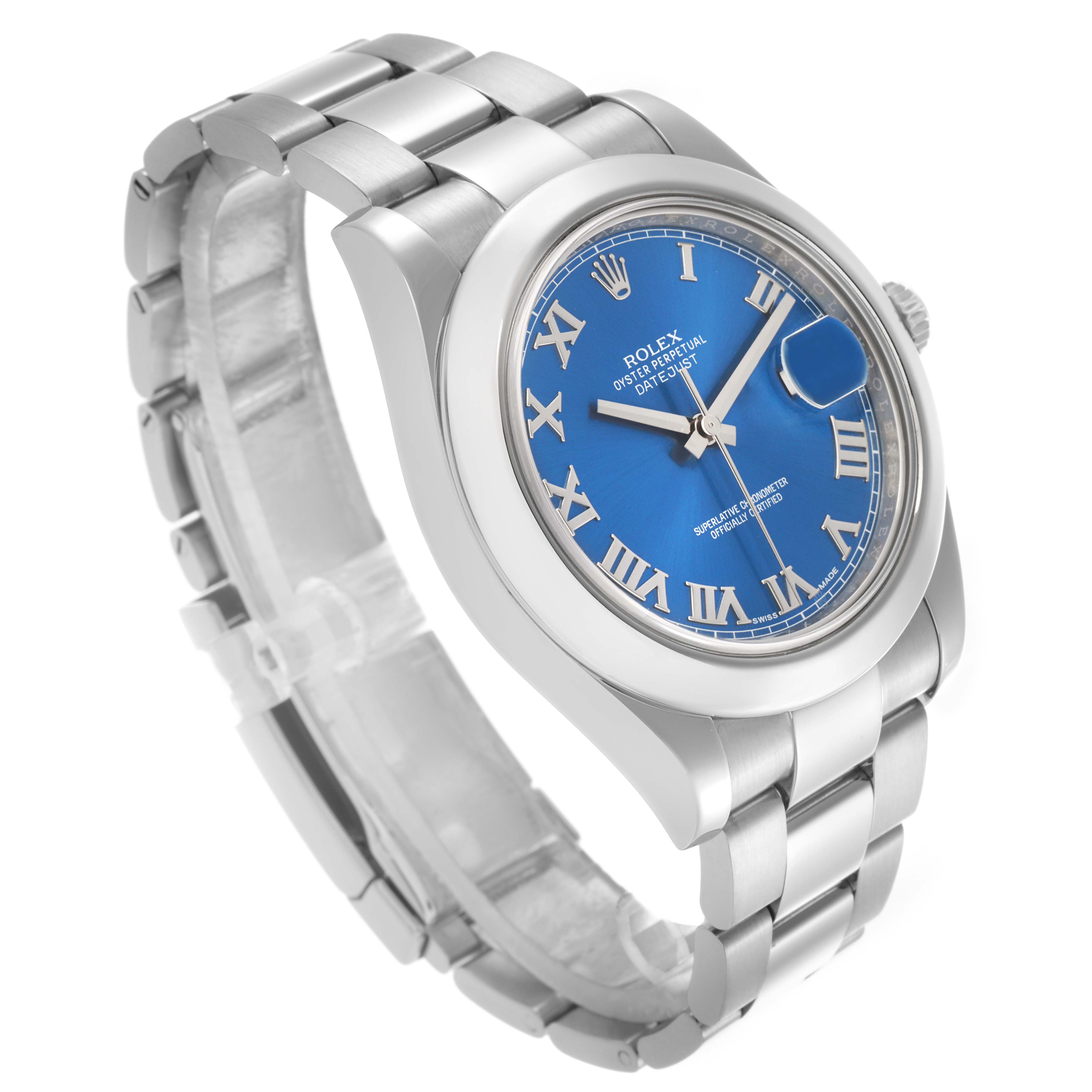 The Rolex Datejust 41 116300 Men's Stainless Steel Blue Dial 116300 Men's Stainless Steel Blue Dial watch is shown at a 3/4 angle, highlighting the blue dial, bezel, and bracelet.