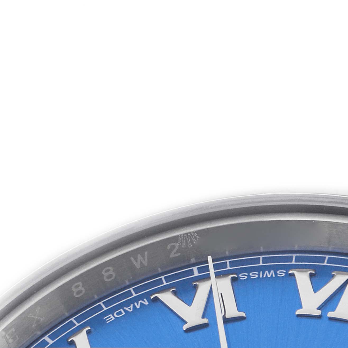 The image shows a close-up of the blue dial and Roman numerals of a Rolex Datejust 41 116300 Men's Stainless Steel Blue Dial 116300 Men's Stainless Steel Blue Dial, focusing on the watch's upper section.