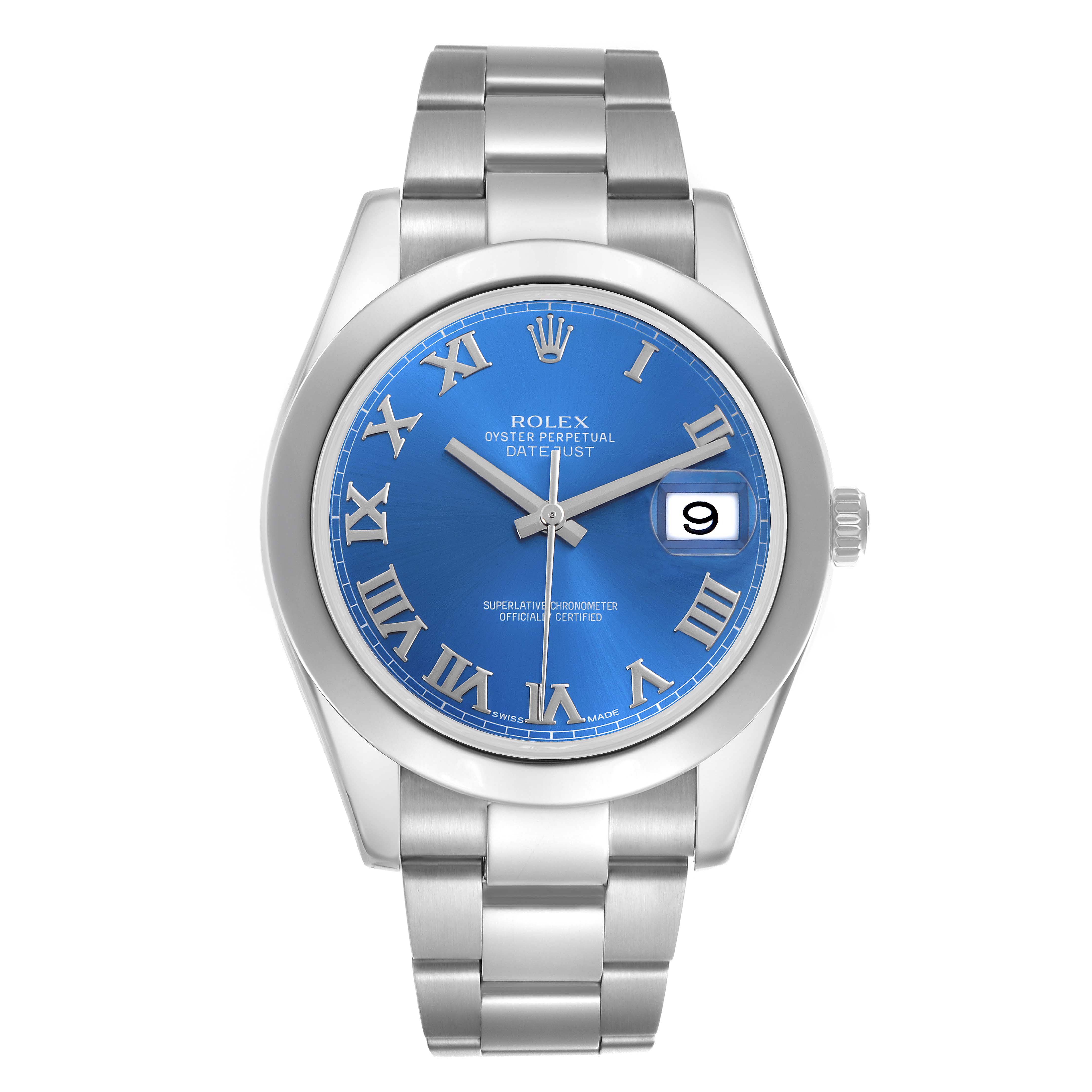 The Rolex Datejust 41 116300 Men's Stainless Steel Blue Dial 116300 Men's Stainless Steel Blue Dial is shown from a front angle, highlighting its blue dial, Roman numerals, date window, and bracelet.