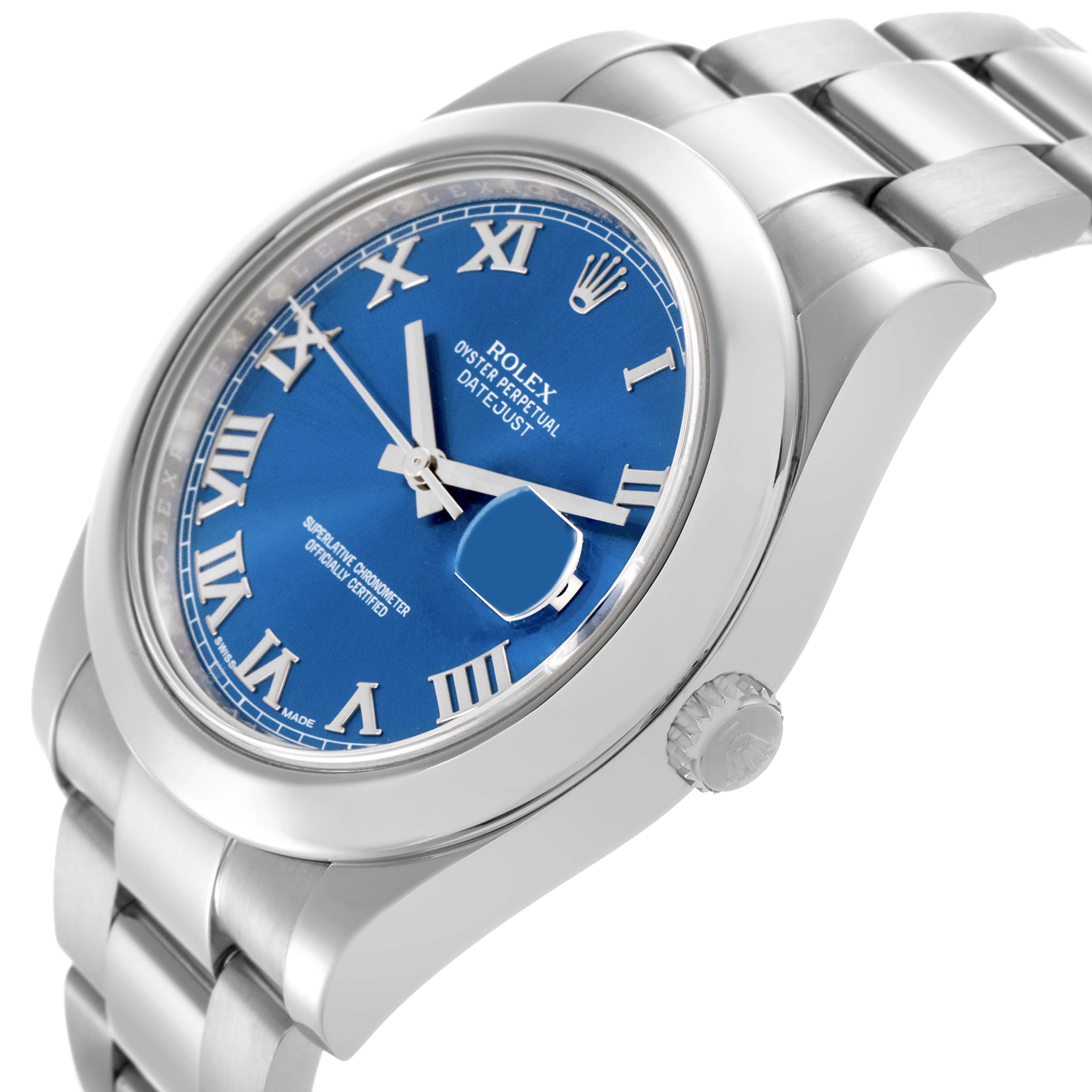 The Rolex Datejust 41 116300 Men's Stainless Steel Blue Dial 116300 Men's Stainless Steel Blue Dial is shown from a slightly angled side view, highlighting the blue dial, Roman numerals, crown, and part of the bracelet.