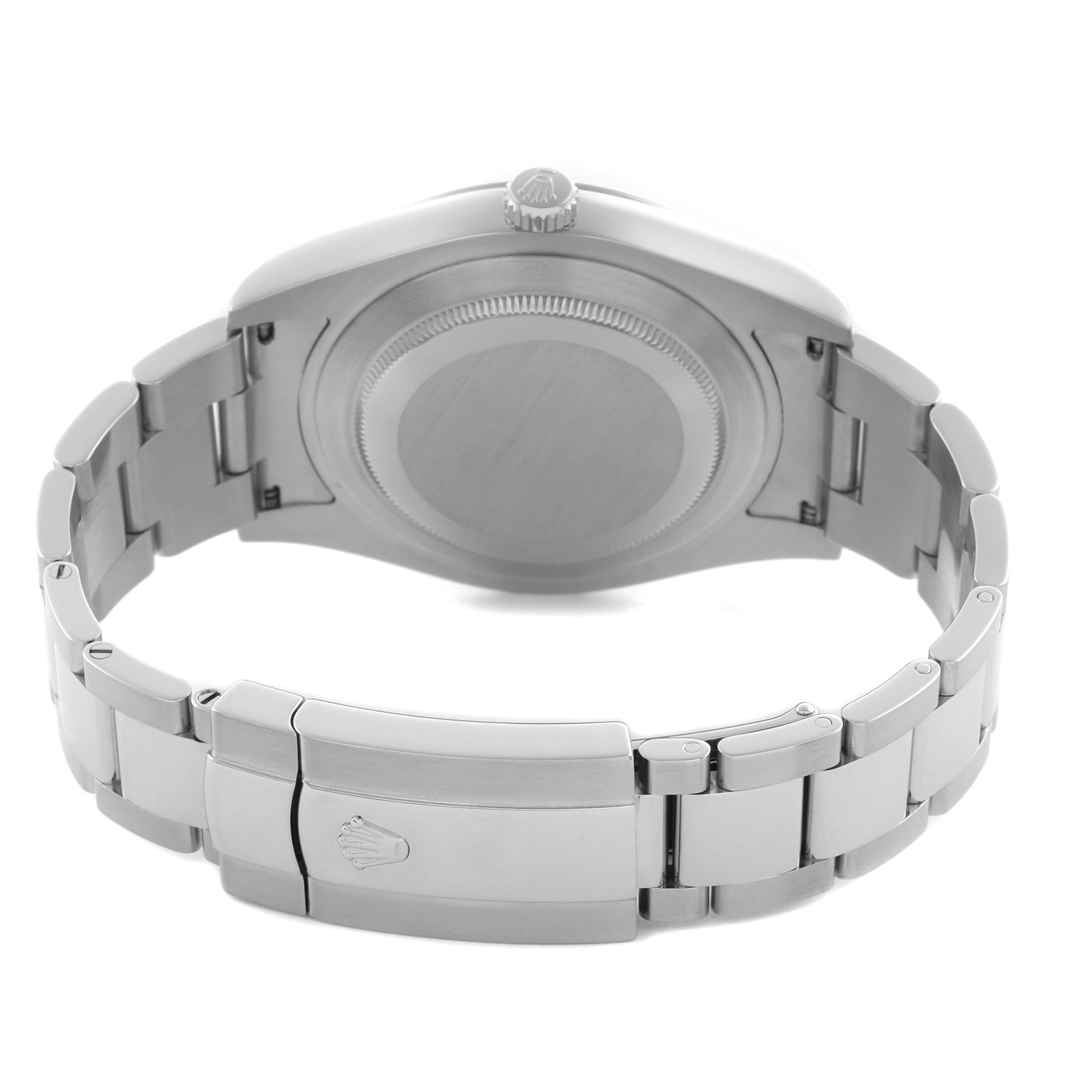 The Rolex Datejust 41 116300 Men's Stainless Steel Blue Dial 116300 Men's Stainless Steel Blue Dial is shown from the back, highlighting the case back, crown, and bracelet clasp.