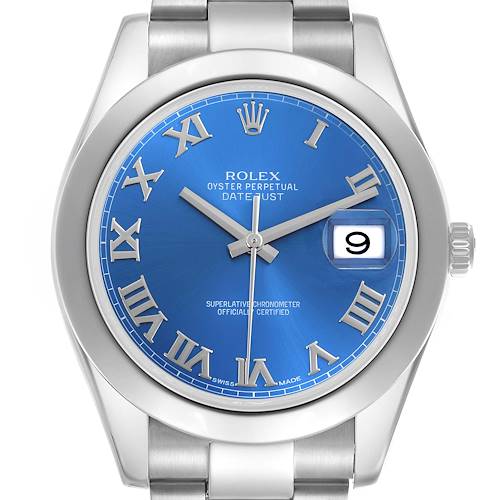 The image shows a frontal view of the Rolex Datejust 41, highlighting the blue dial, Roman numeral markers, and date window.