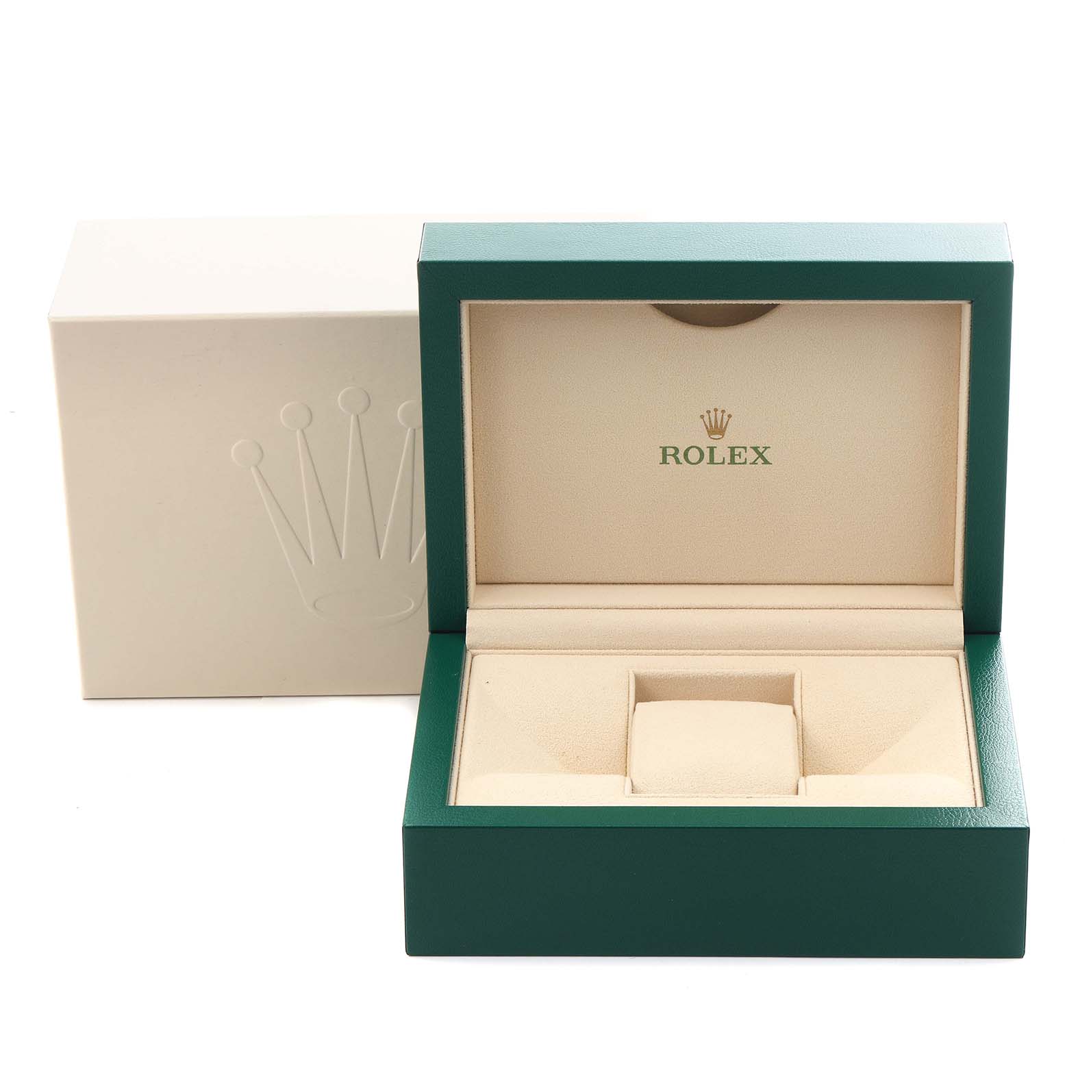 The image shows a Rolex Datejust 41 116300 Men's Stainless Steel Blue Dial 116300 Men's Stainless Steel Blue Dial watch box and outer packaging from a front angle.