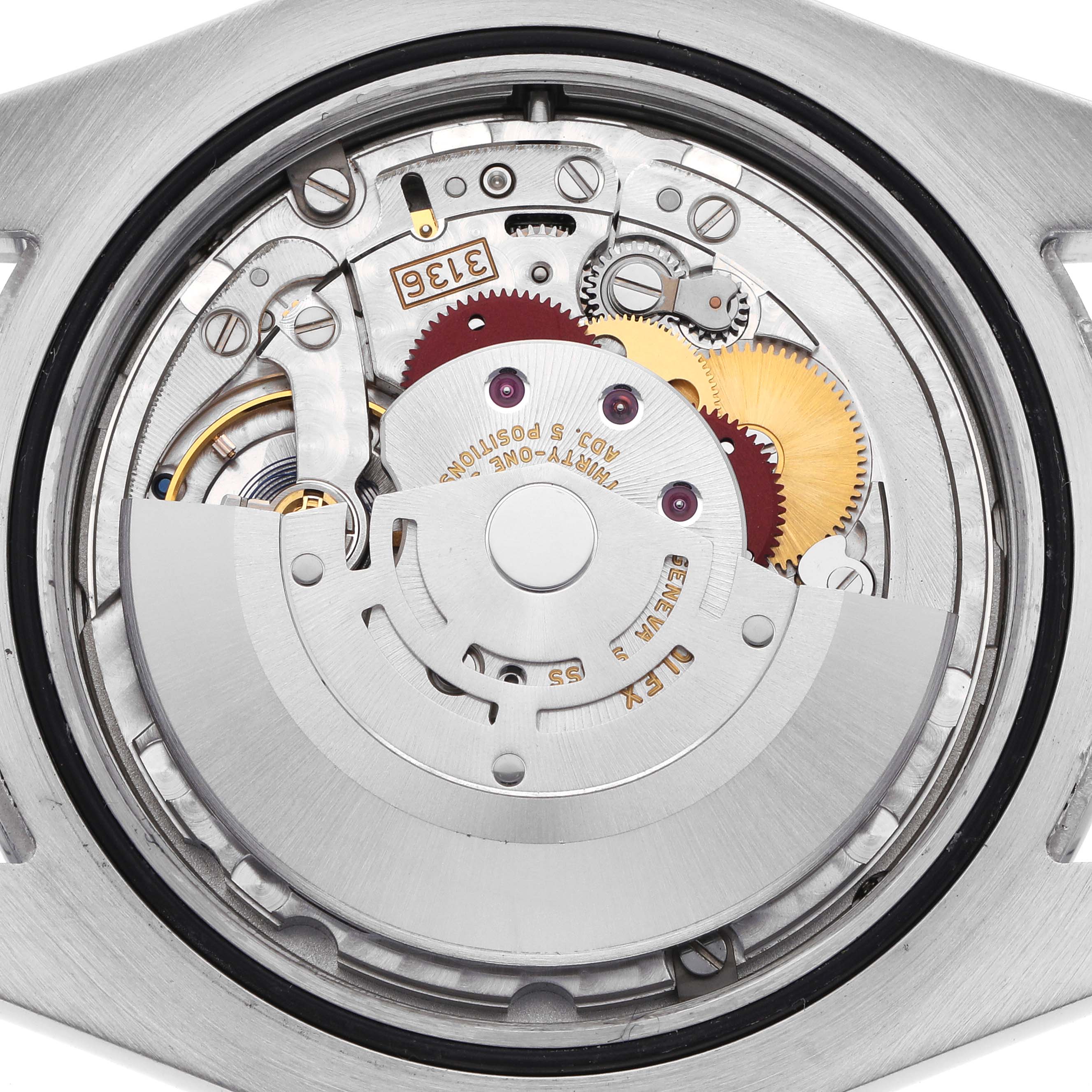 The image shows the internal mechanical movement of a Rolex Datejust 41 116300 Men's Stainless Steel Blue Dial 116300 Men's Stainless Steel Blue Dial watch from a top-down view.