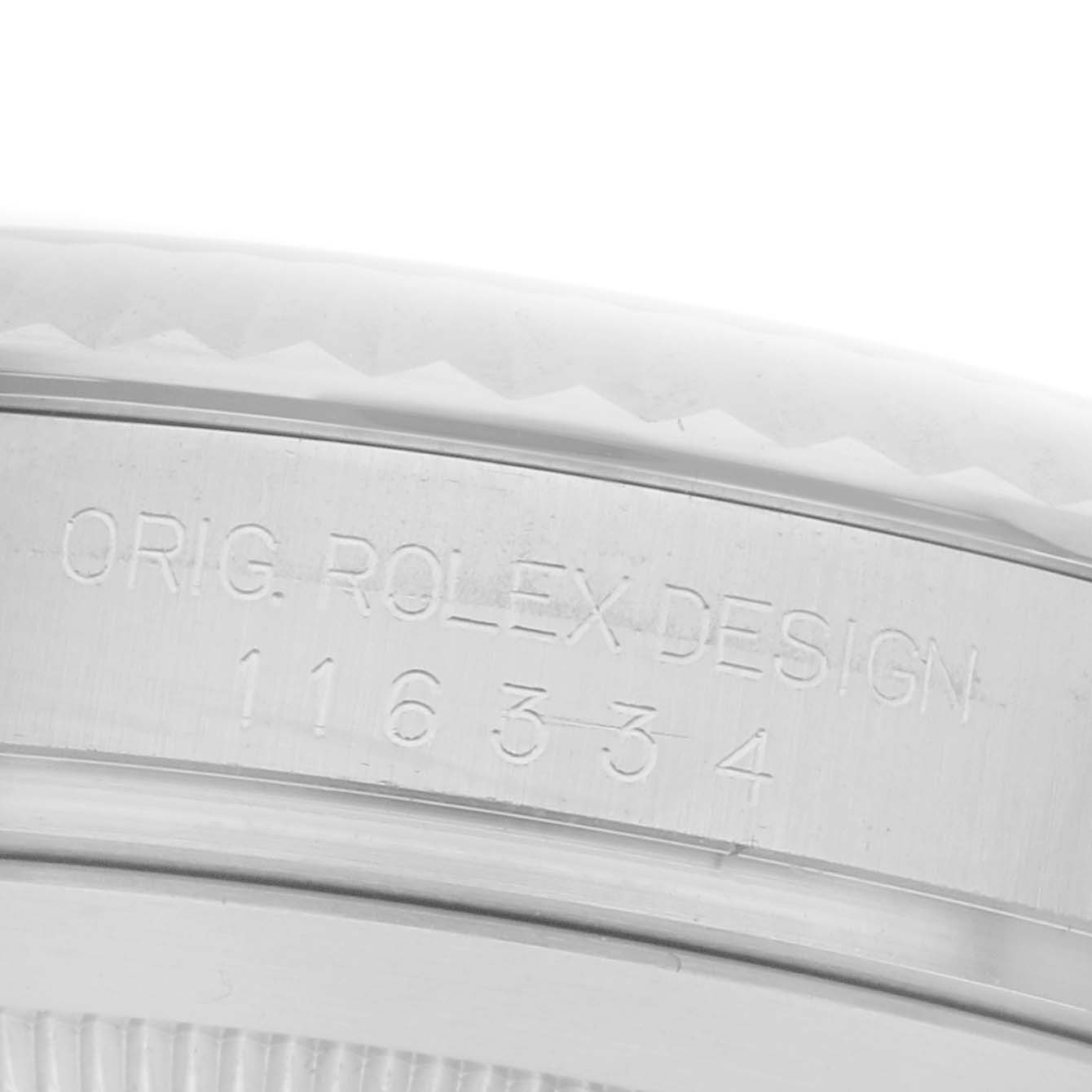 The image shows a close-up angle of the case side engraving on a Rolex Datejust 41 116334 Men's Stainless Steel White Dial 116334 Men's Stainless Steel White Dial, featuring the model number.
