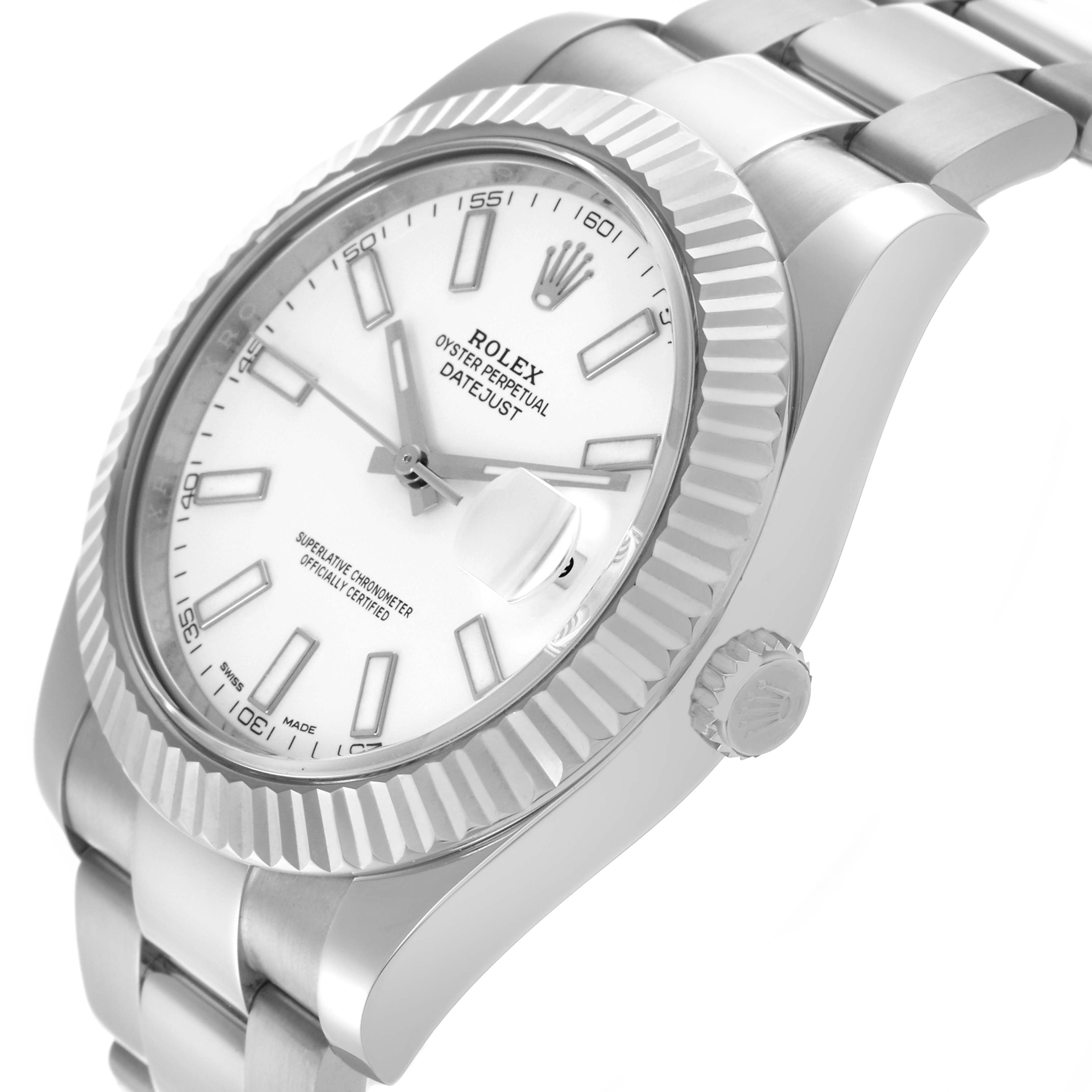 The image shows a Rolex Datejust 41 116334 Men's Stainless Steel White Dial 116334 Men's Stainless Steel White Dial watch at a slanted angle, highlighting the bezel, dial, crown, and part of the bracelet.